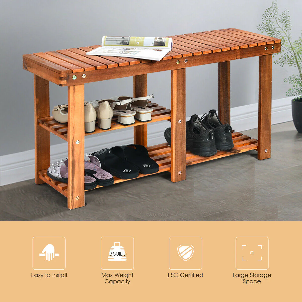 3-Tier Wooden Shoe Organizer With Seat, Natural - Image 3