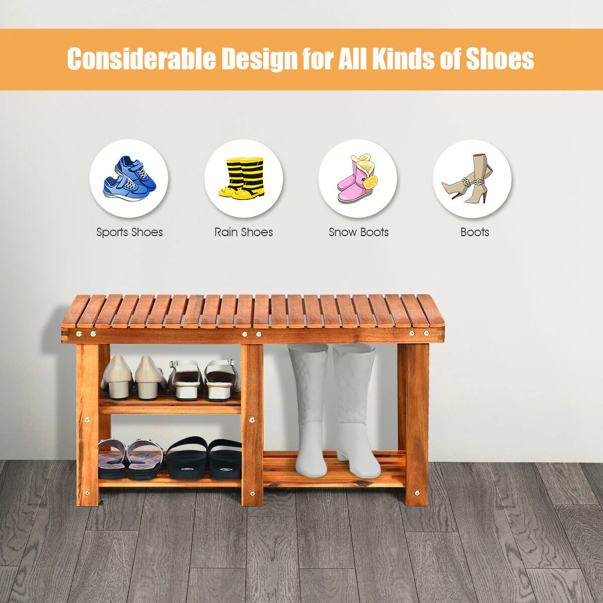 3-Tier Wooden Shoe Organizer With Seat, Natural - Image 8