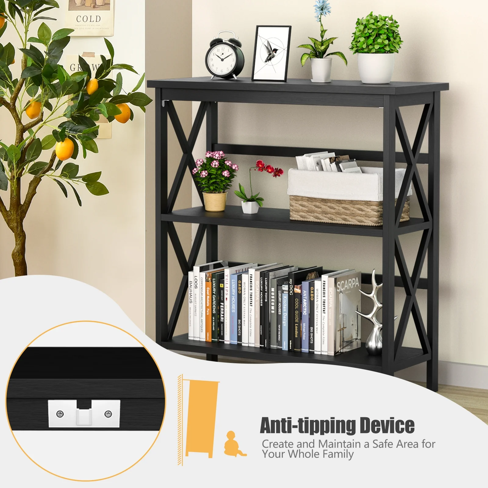 3-Tier Wooden Storage Shelf, Black - Image 10