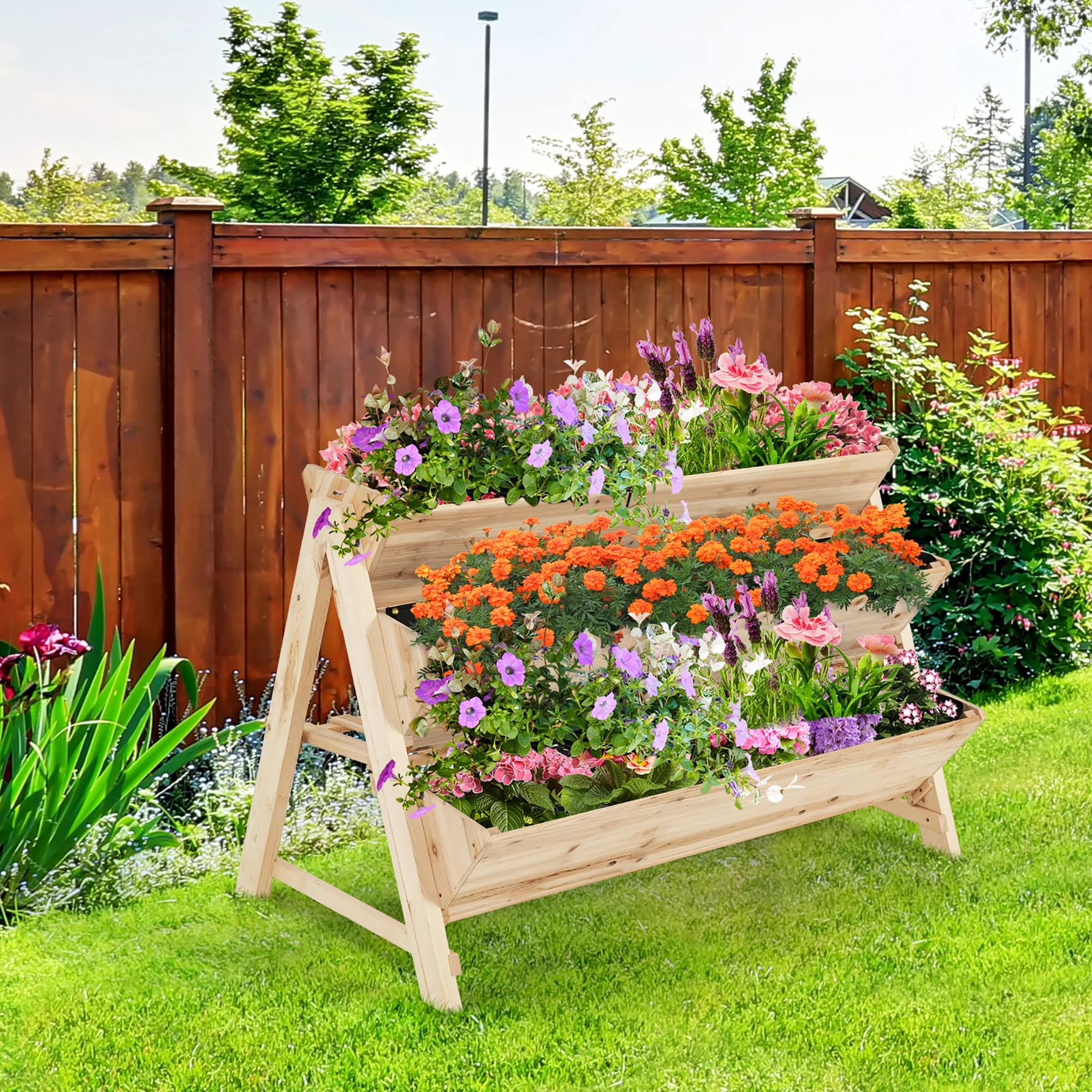 3 Tier Wooden Vertical Raised Garden Bed, Natural - Image 3