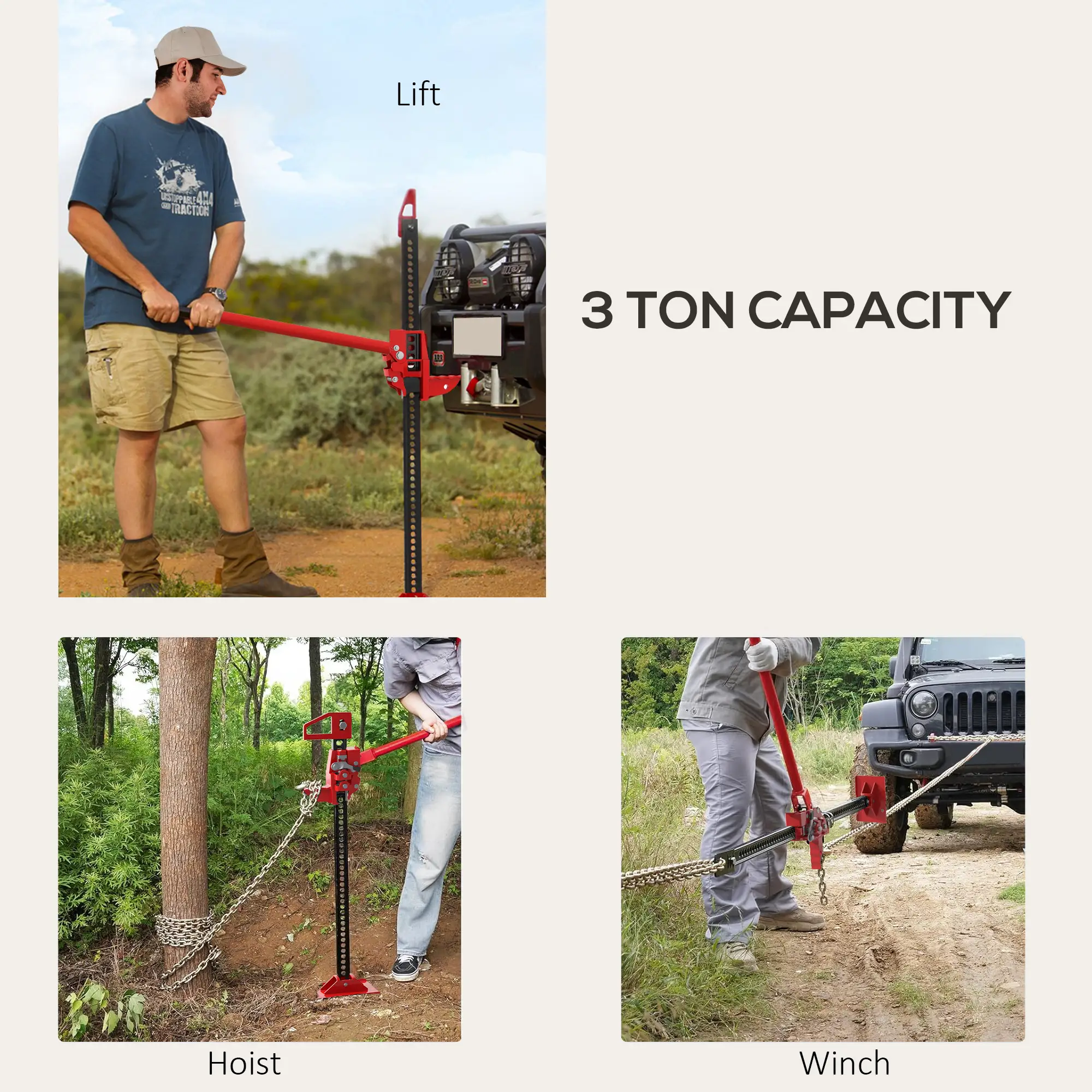 3 Tonne 6600 lb Farm Jack, 48 Inch High Lift, Red - Image 4