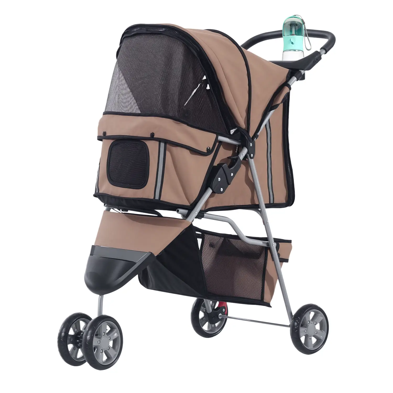 3 Wheel Foldable Cat Stroller, Storage Basket, Adjustable Canopy, Coffee