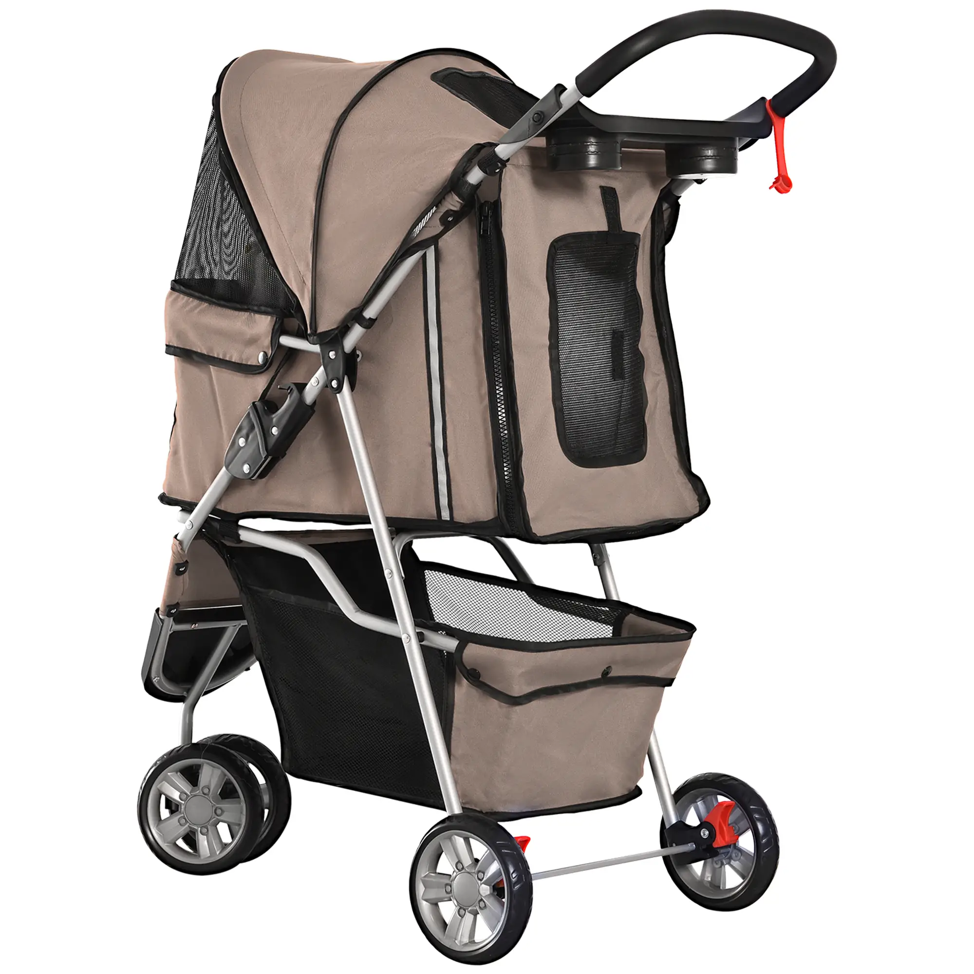 3 Wheel Foldable Cat Stroller, Storage Basket, Adjustable Canopy, Coffee - Image 10