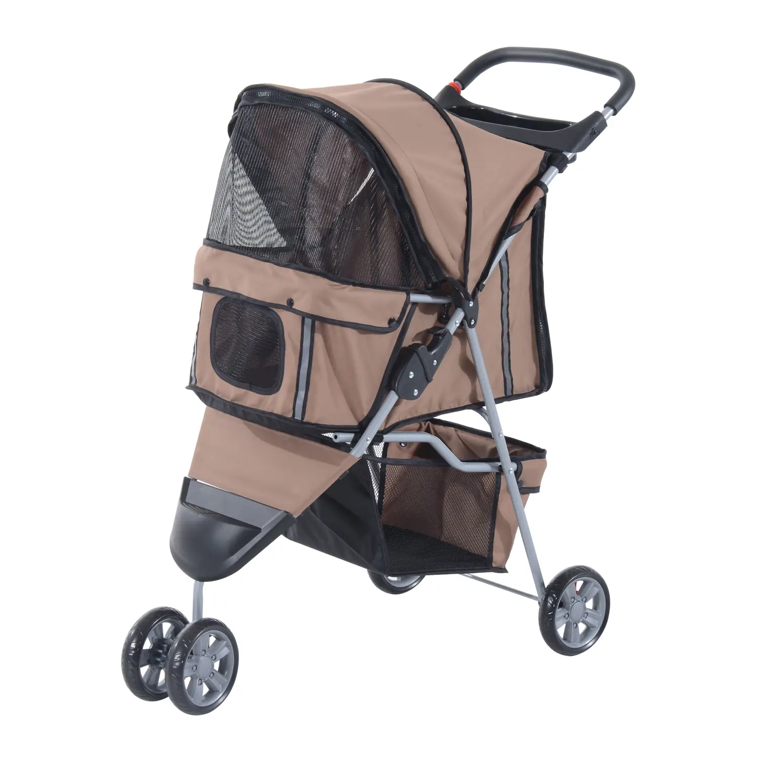 3 Wheel Foldable Cat Stroller, Storage Basket, Adjustable Canopy, Coffee - Image 11