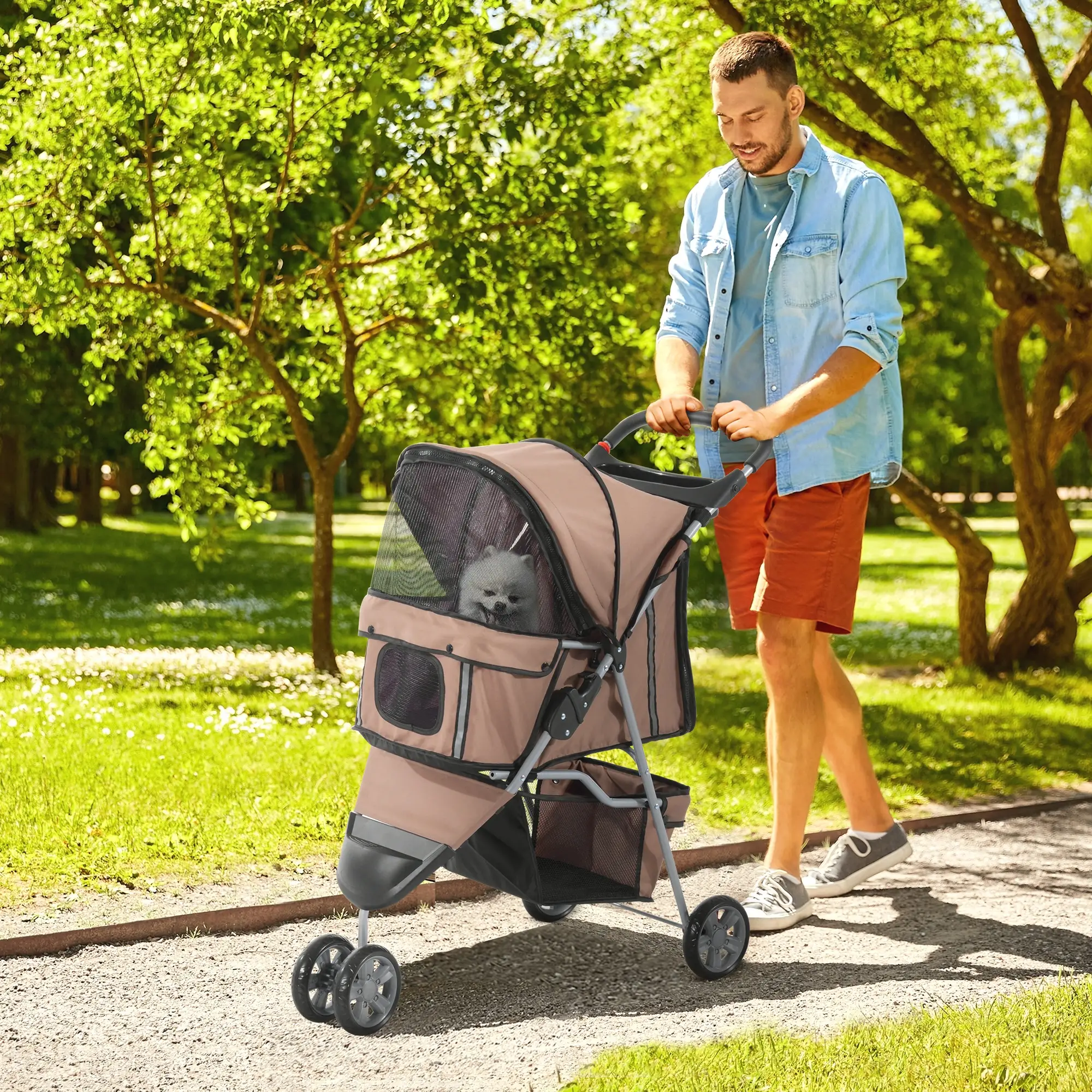 3 Wheel Foldable Cat Stroller, Storage Basket, Adjustable Canopy, Coffee - Image 2
