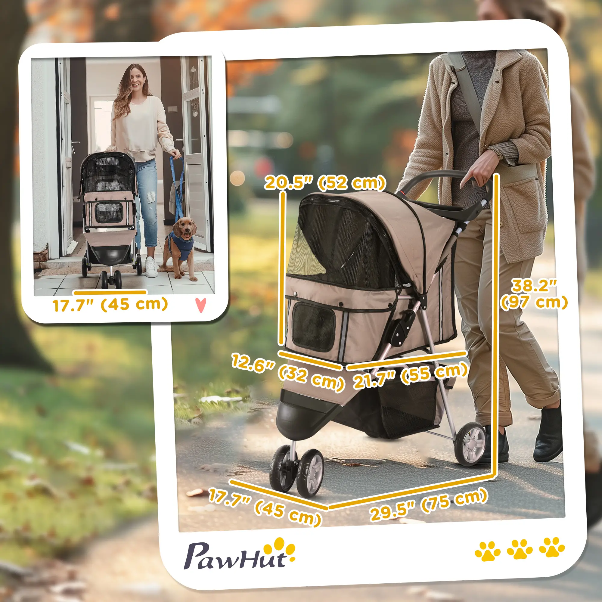 3 Wheel Foldable Cat Stroller, Storage Basket, Adjustable Canopy, Coffee - Image 3