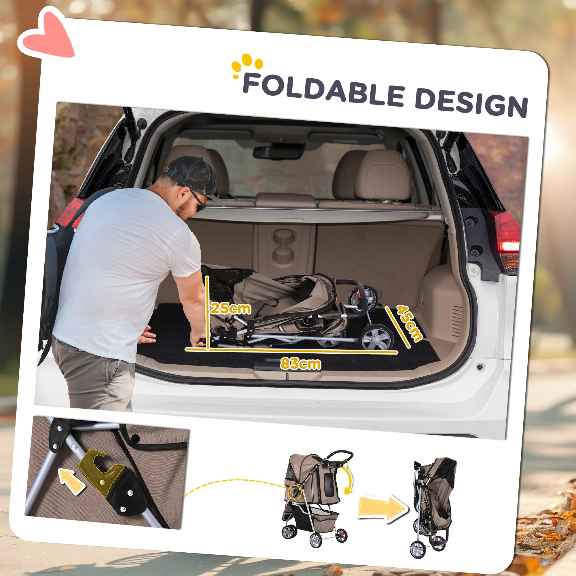 3 Wheel Foldable Cat Stroller, Storage Basket, Adjustable Canopy, Coffee - Image 5