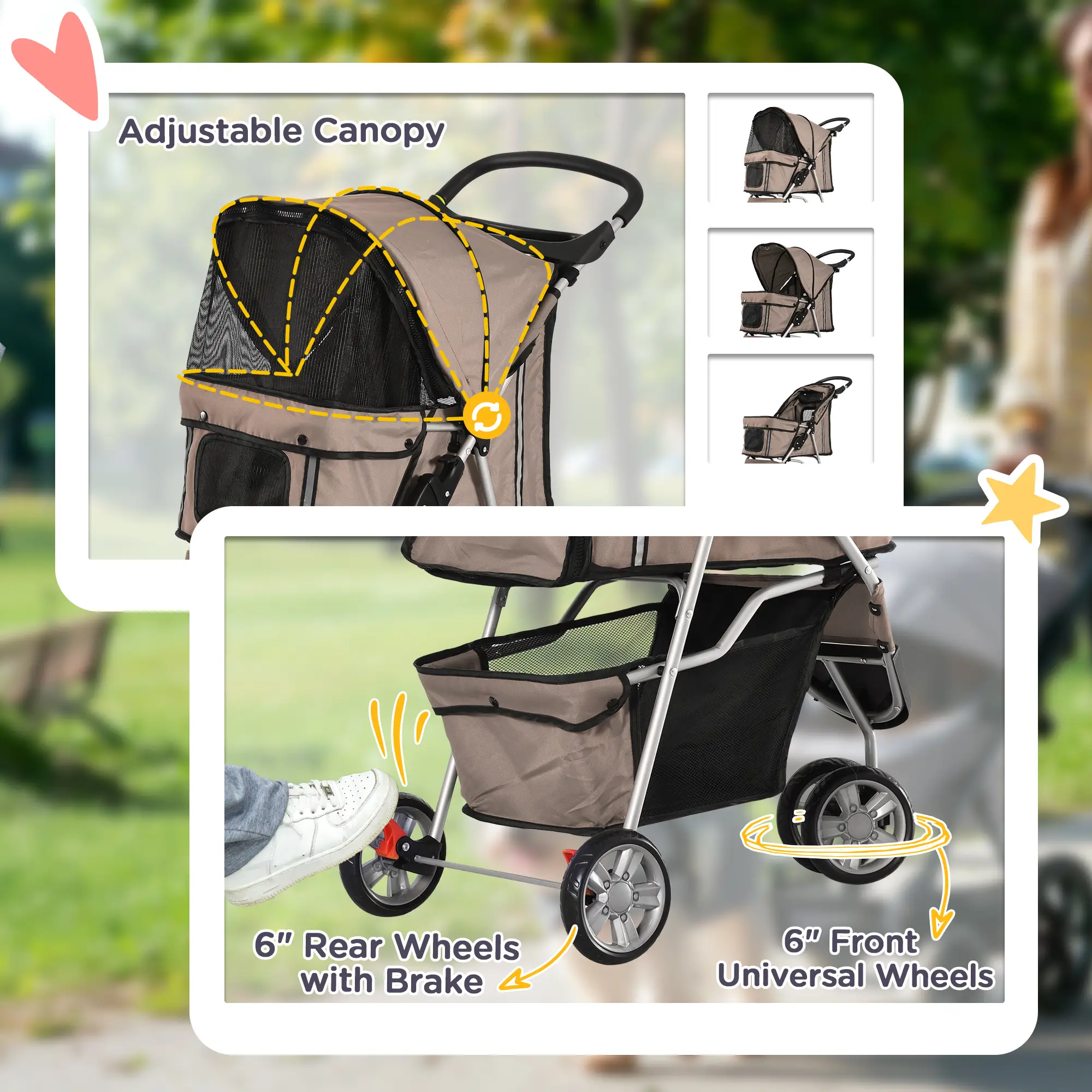 3 Wheel Foldable Cat Stroller, Storage Basket, Adjustable Canopy, Coffee - Image 6