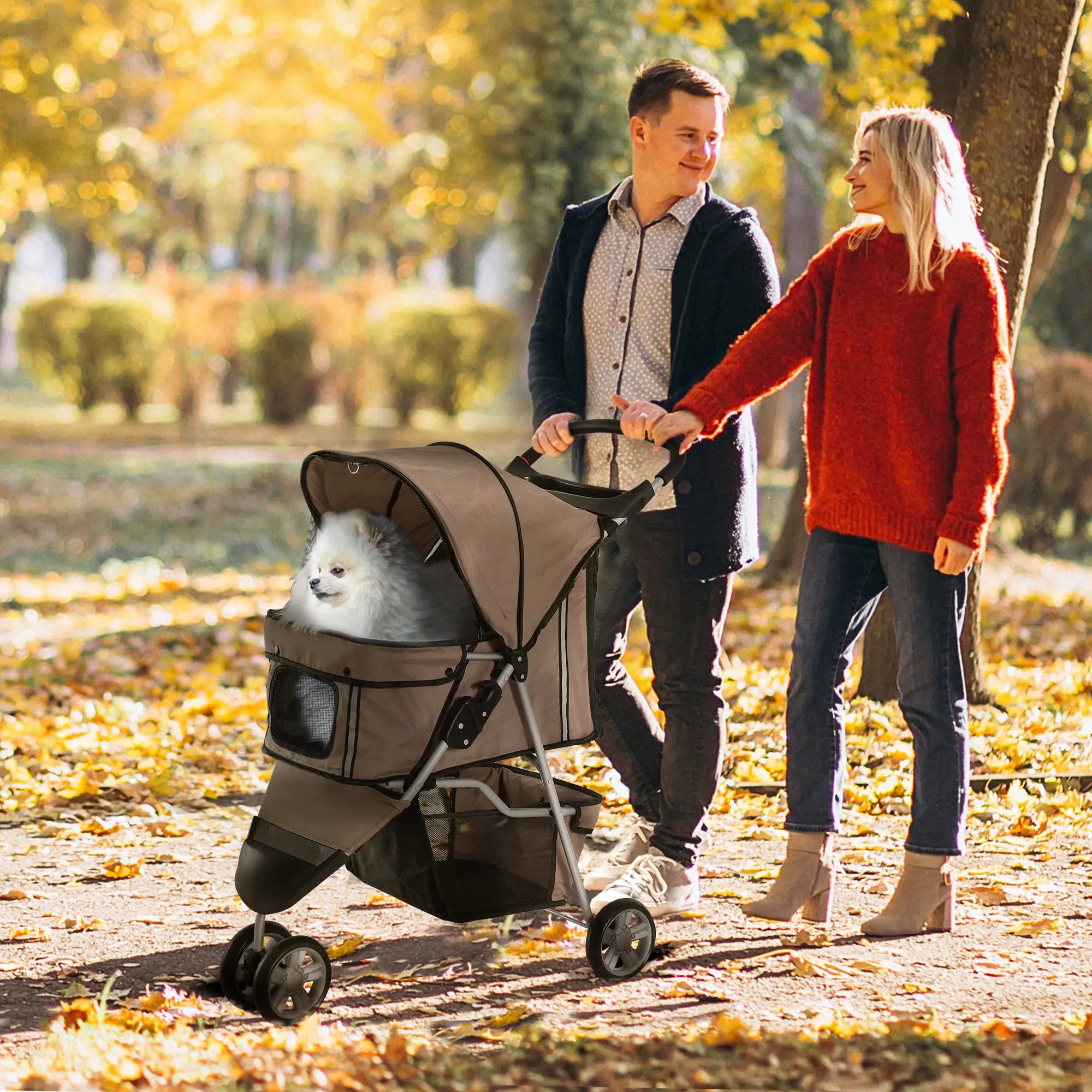 3 Wheel Foldable Cat Stroller, Storage Basket, Adjustable Canopy, Coffee - Image 8
