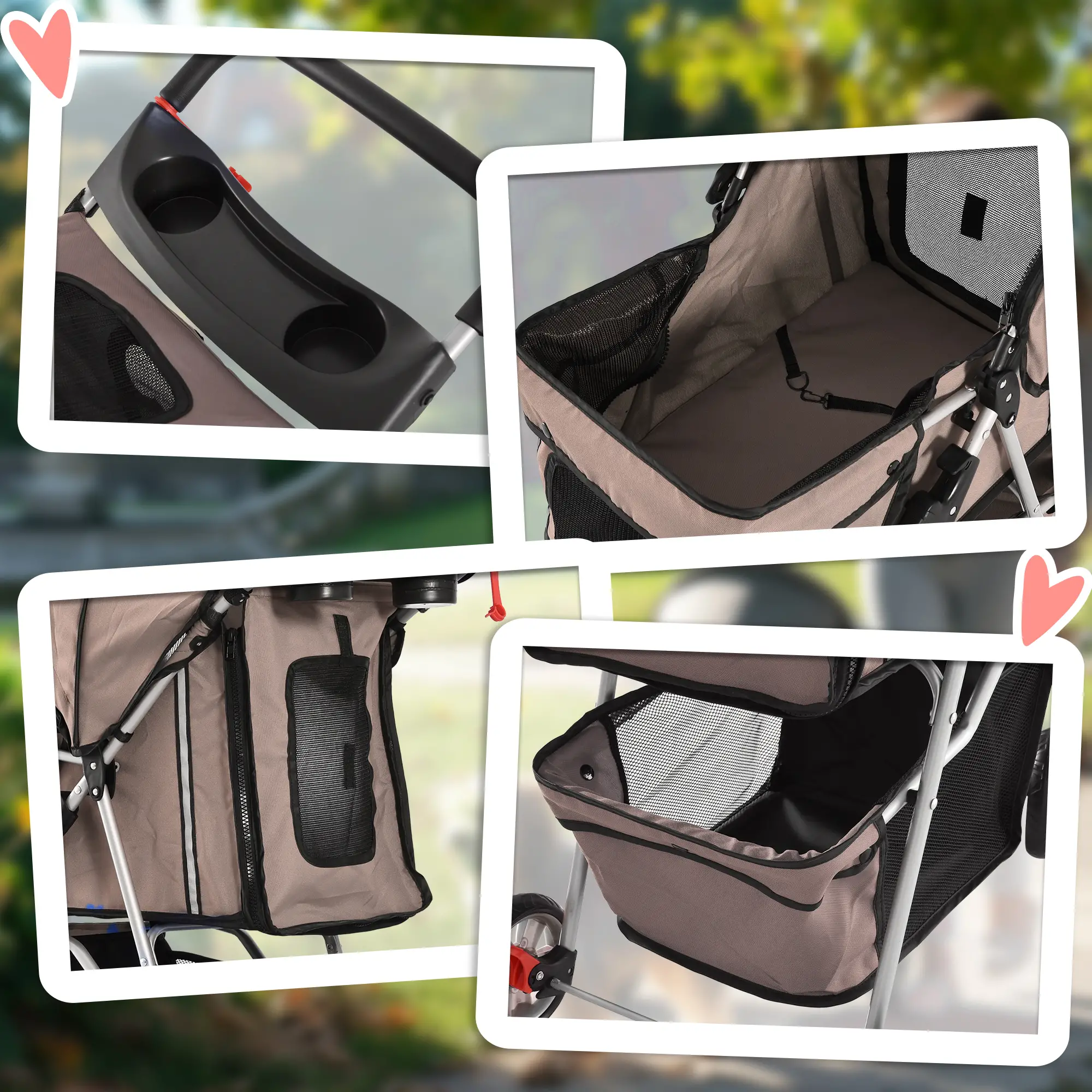 3 Wheel Foldable Cat Stroller, Storage Basket, Adjustable Canopy, Coffee - Image 9