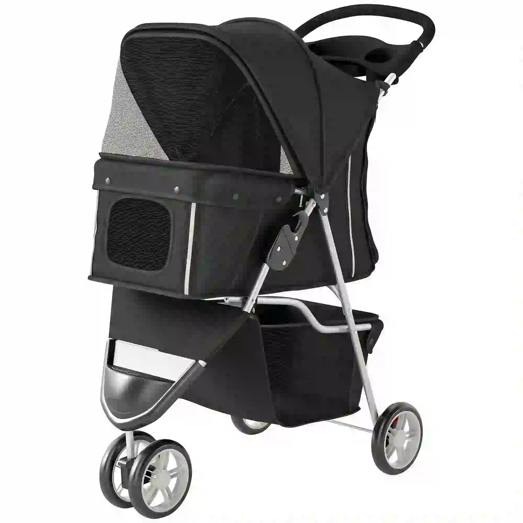 3 Wheel Foldable Dog Stroller, Storage Basket, Adjustable Canopy, Black