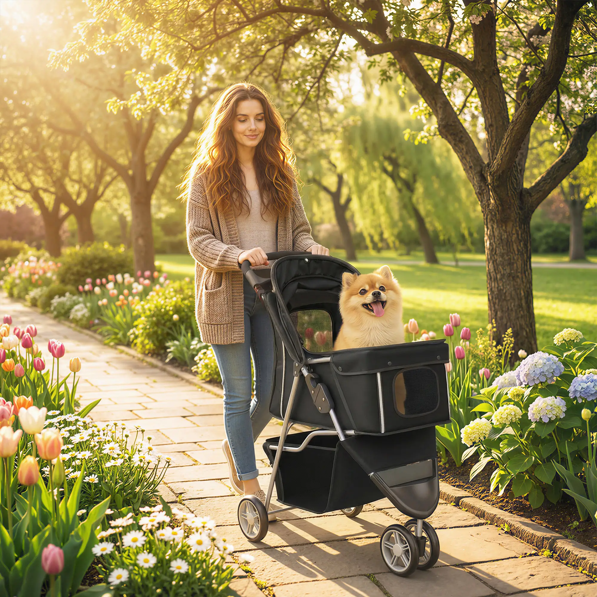 3 Wheel Foldable Dog Stroller, Storage Basket, Adjustable Canopy, Black - Image 2