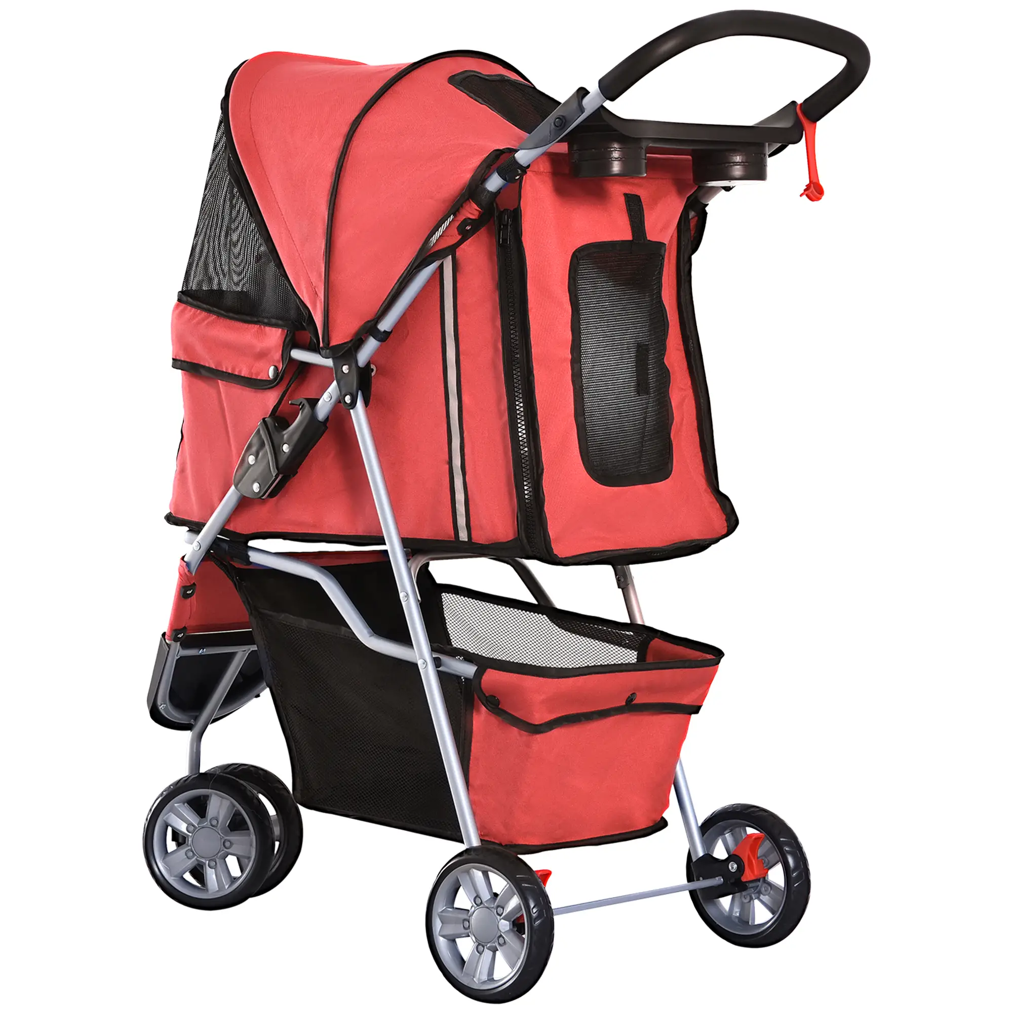 3 Wheel Foldable Dog Stroller, Storage Basket, Adjustable Canopy, Cupholder, Red - Image 10