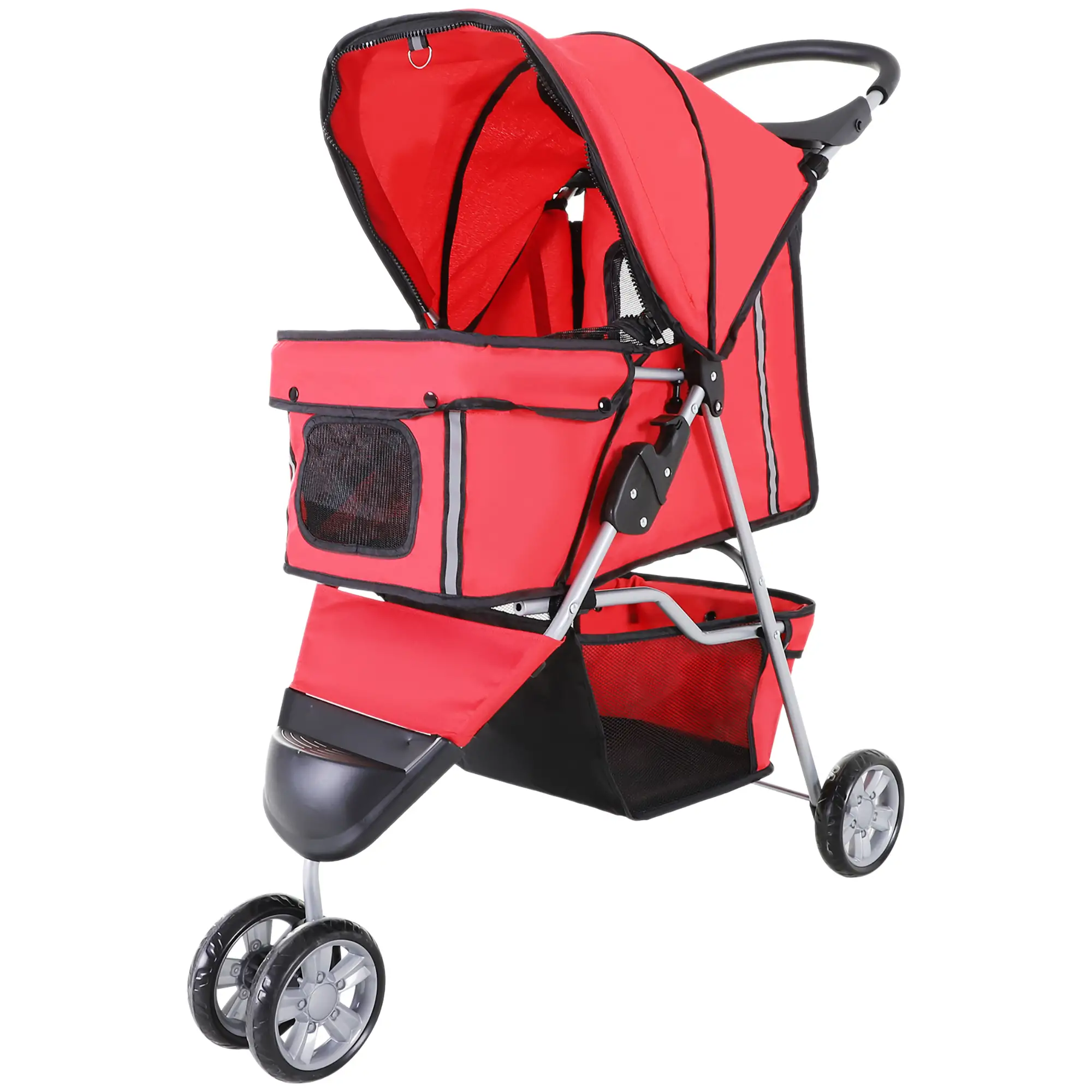 3 Wheel Foldable Dog Stroller, Storage Basket, Adjustable Canopy, Cupholder, Red - Image 11