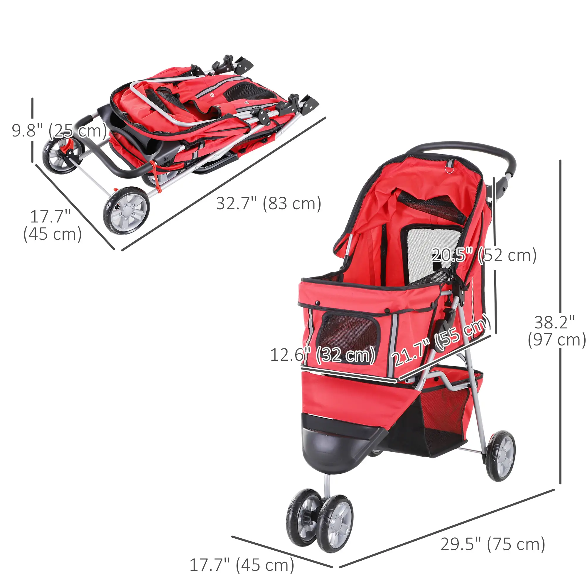 3 Wheel Foldable Dog Stroller, Storage Basket, Adjustable Canopy, Cupholder, Red - Image 3
