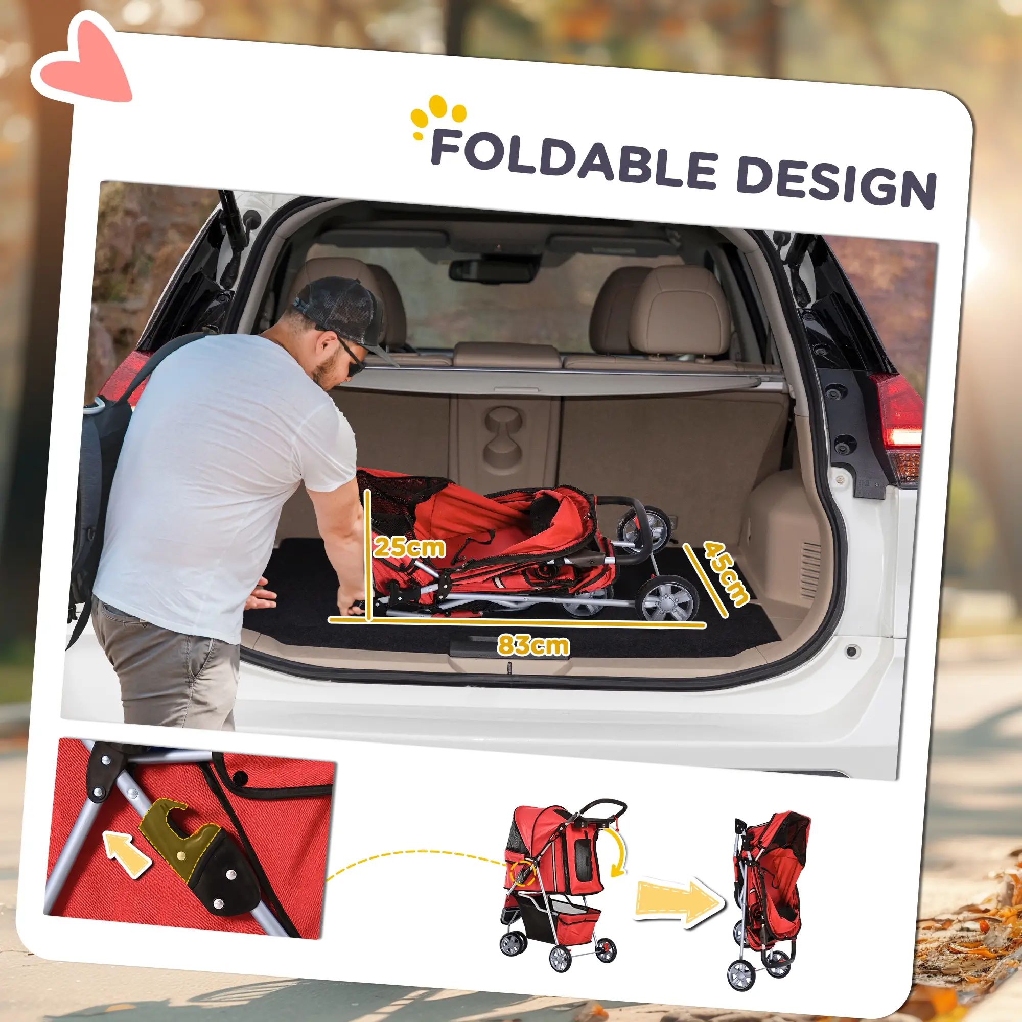 3 Wheel Foldable Dog Stroller, Storage Basket, Adjustable Canopy, Cupholder, Red - Image 5