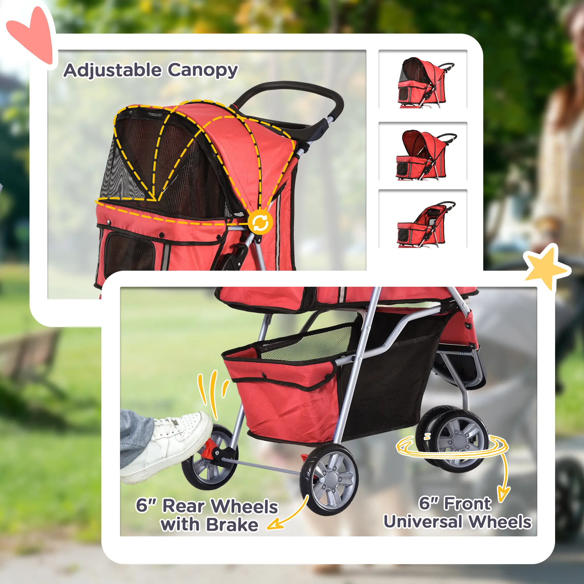 3 Wheel Foldable Dog Stroller, Storage Basket, Adjustable Canopy, Cupholder, Red - Image 6