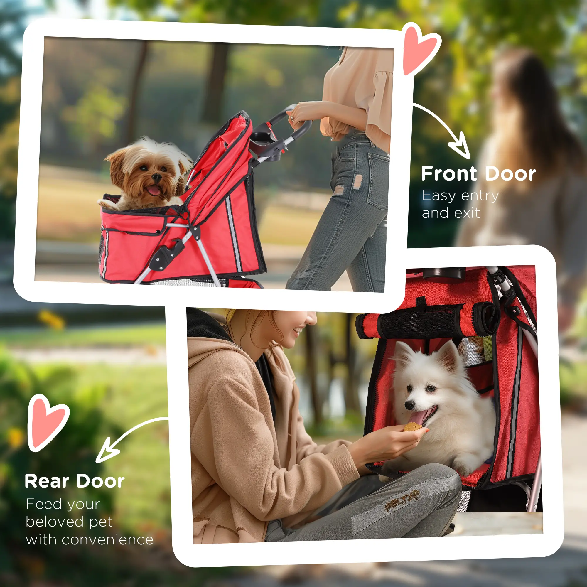 3 Wheel Foldable Dog Stroller, Storage Basket, Adjustable Canopy, Cupholder, Red - Image 7