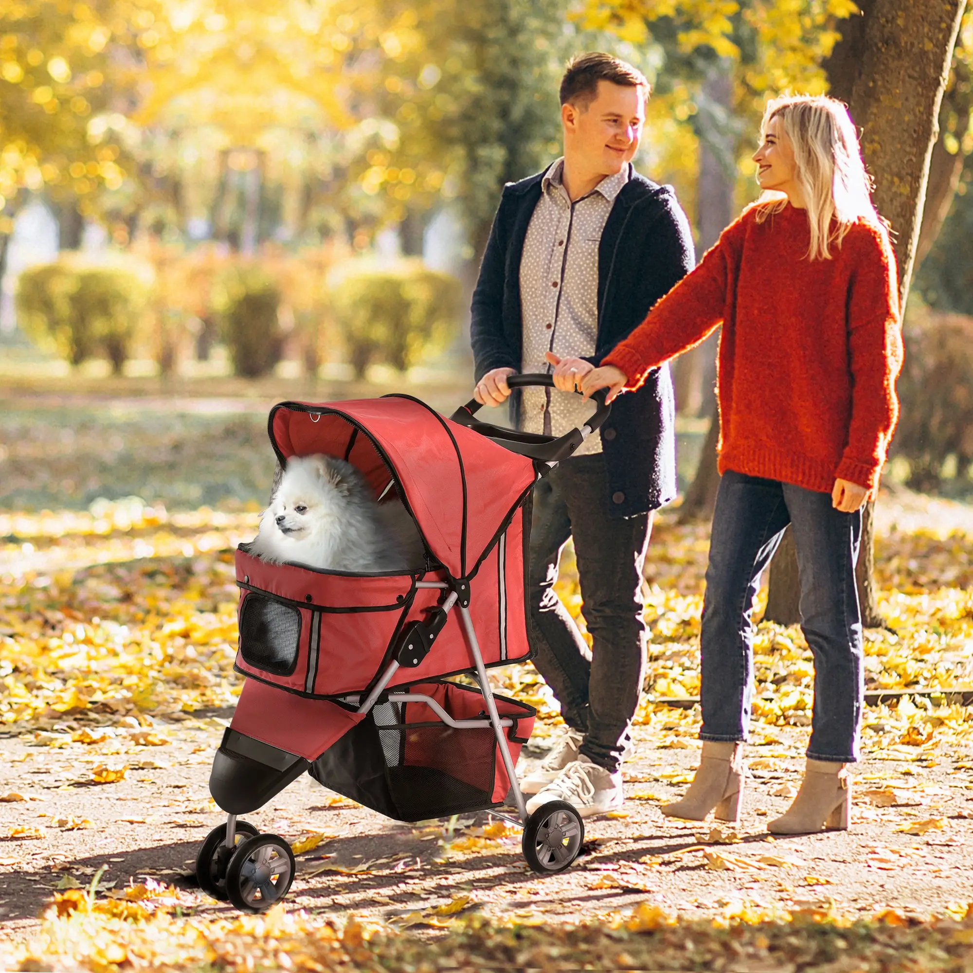 3 Wheel Foldable Dog Stroller, Storage Basket, Adjustable Canopy, Cupholder, Red - Image 8