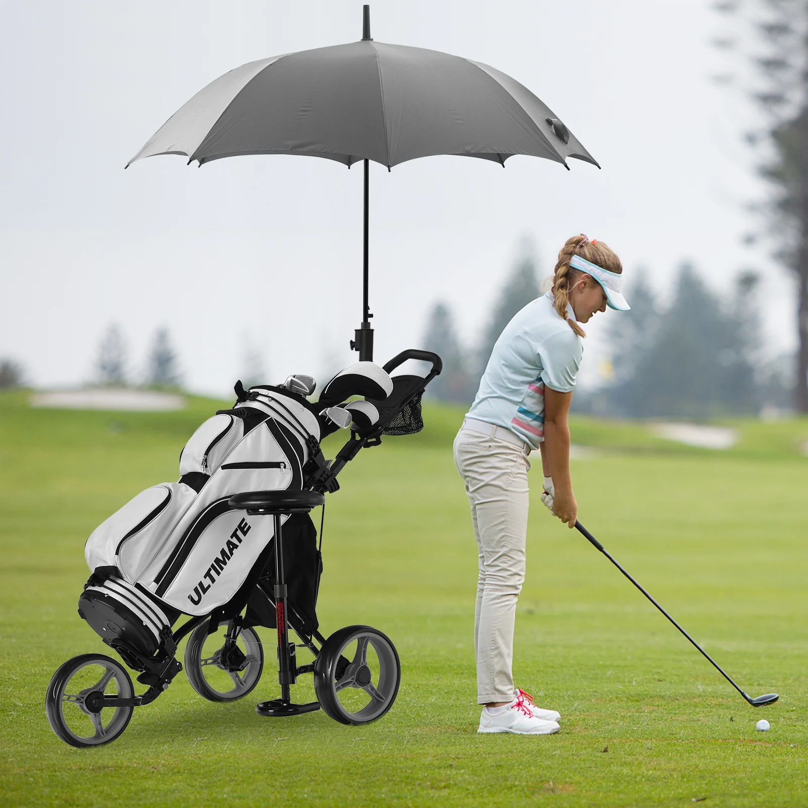 3 Wheel Folding Golf Push Cart, Adjustable Handle, Gray - Image 2