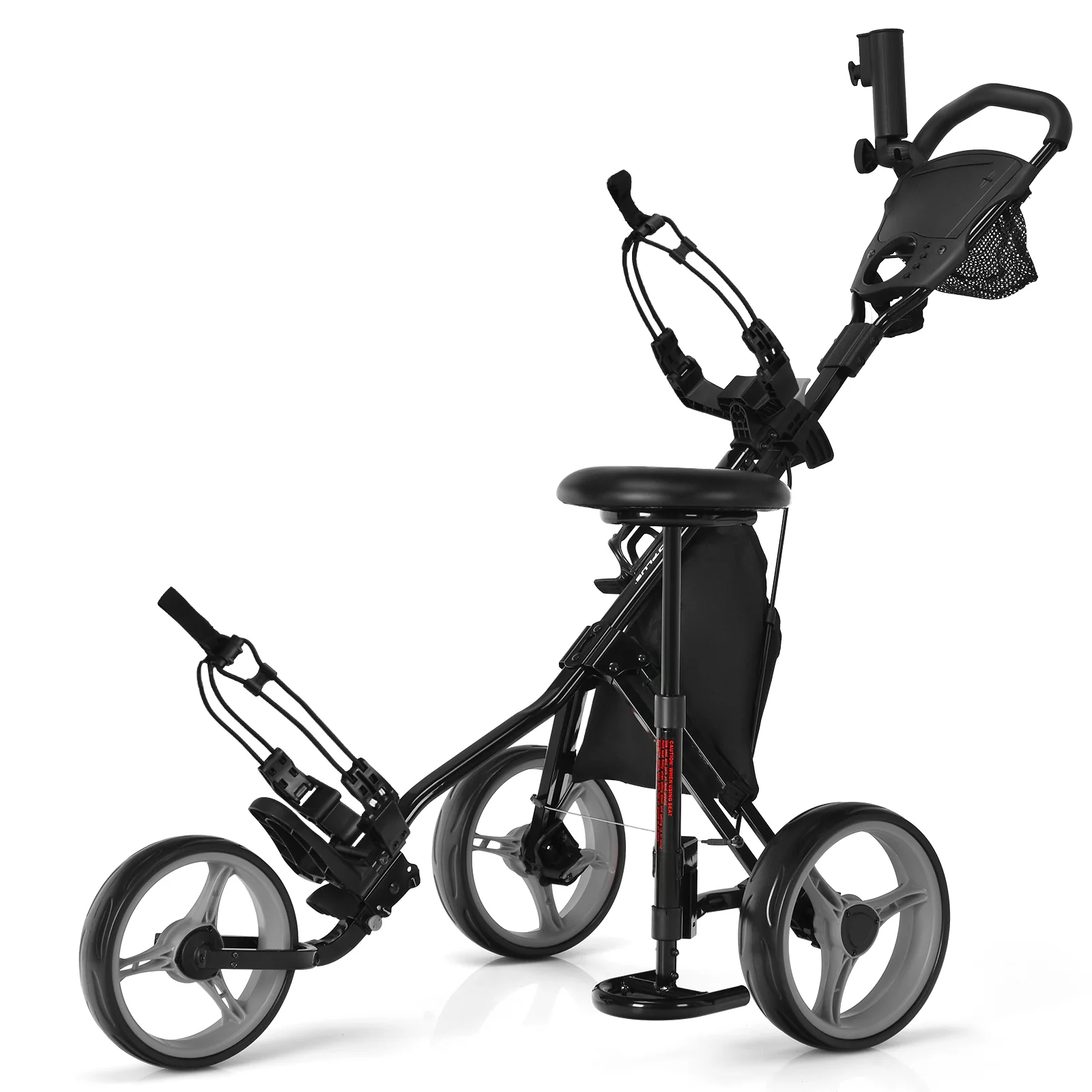3 Wheel Folding Golf Push Cart, Adjustable Handle, Gray - Image 4
