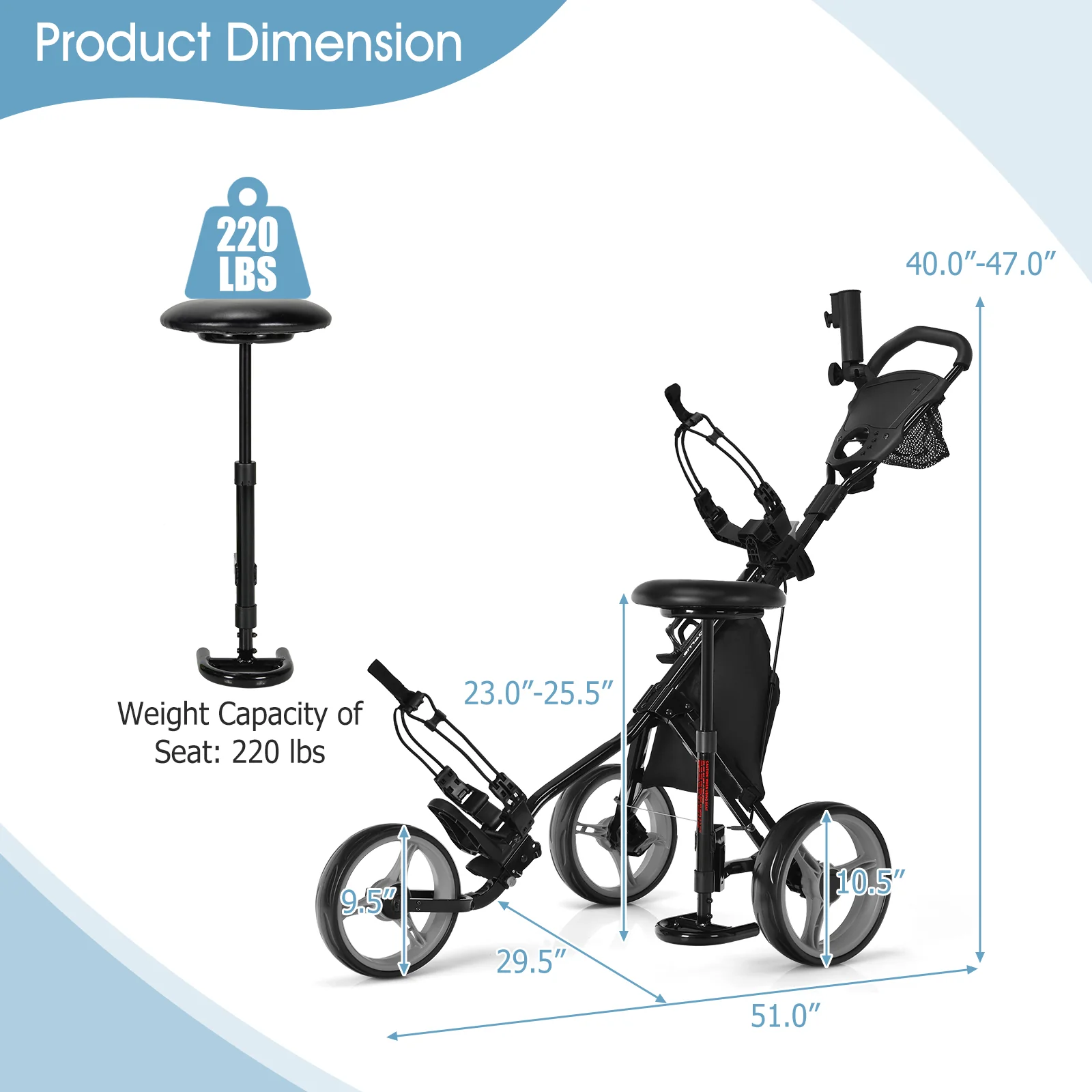 3 Wheel Folding Golf Push Cart, Adjustable Handle, Gray - Image 5