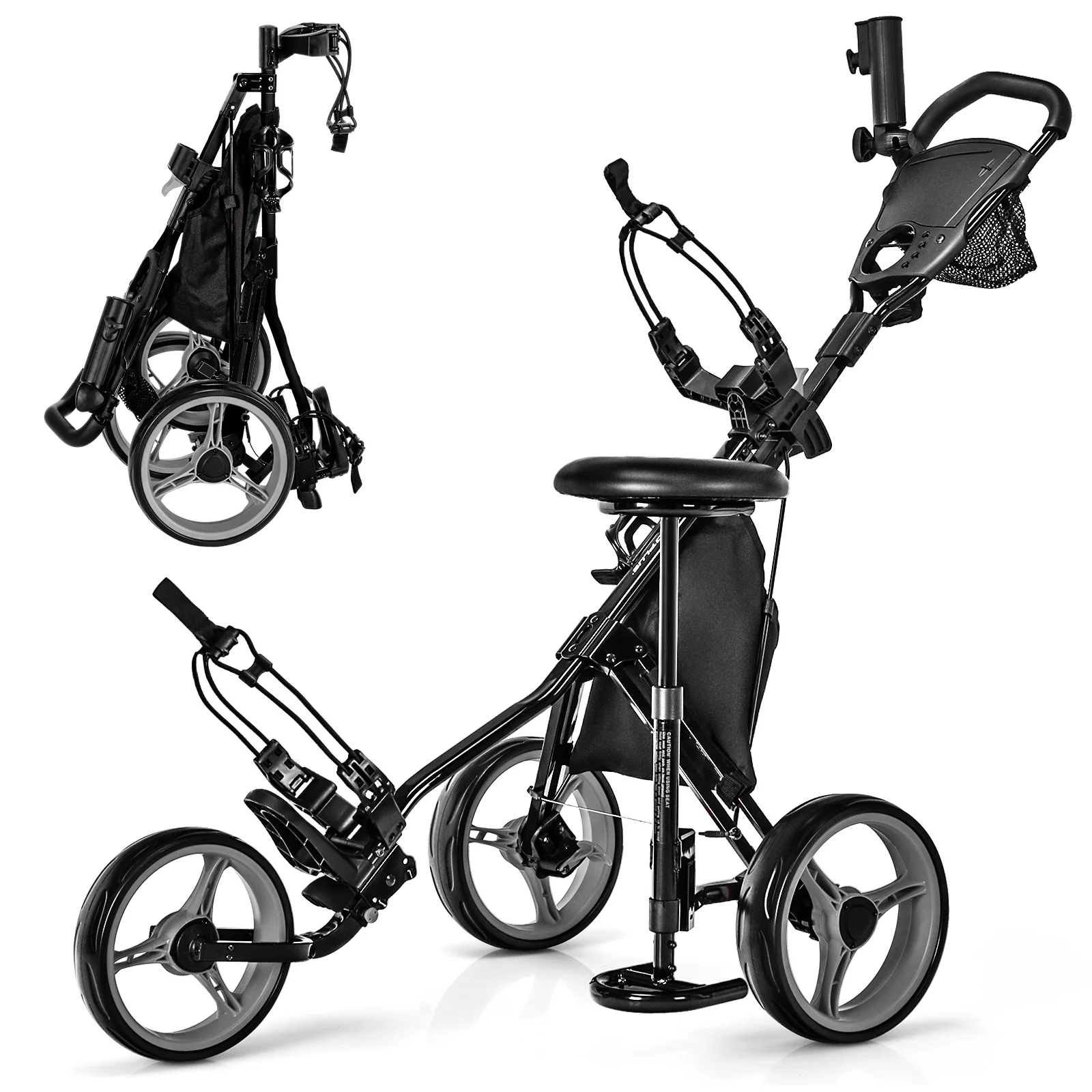 3 Wheel Folding Golf Push Cart, Adjustable Handle, Gray - Image 6