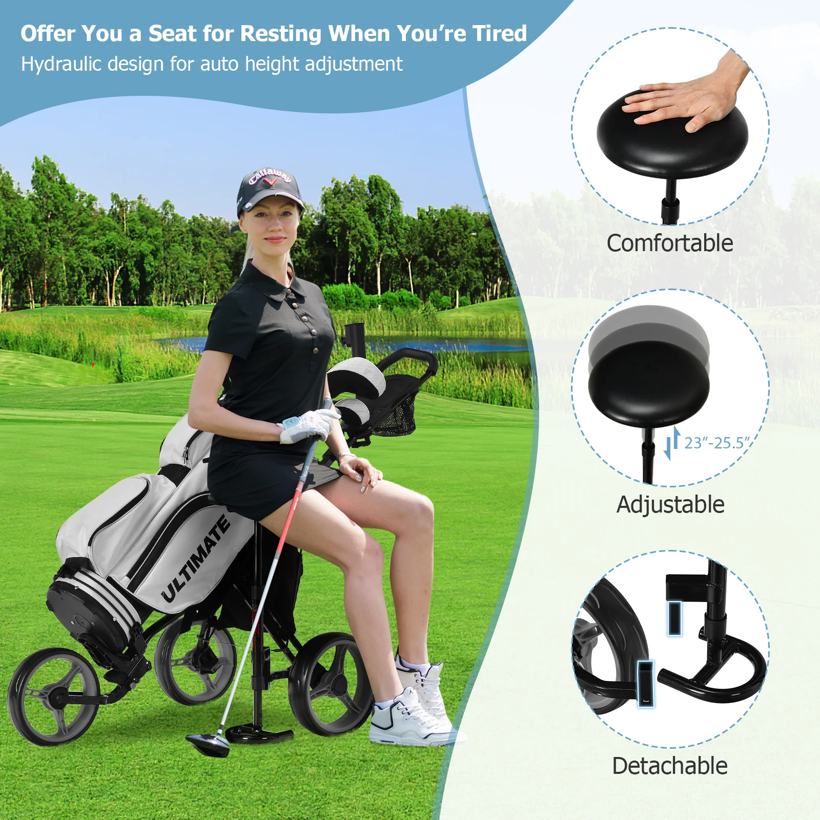 3 Wheel Folding Golf Push Cart, Adjustable Handle, Gray - Image 7