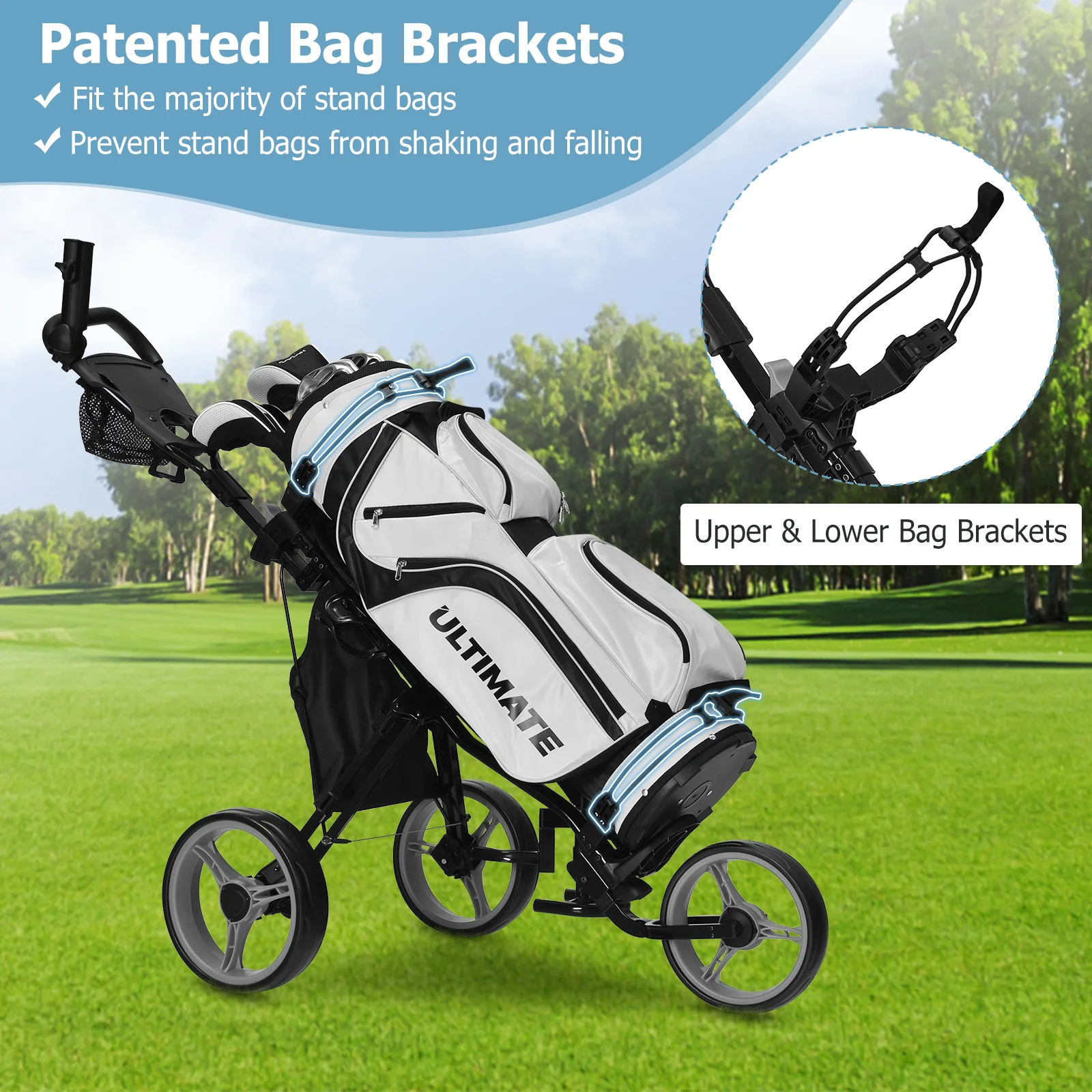 3 Wheel Folding Golf Push Cart, Adjustable Handle, Gray - Image 8