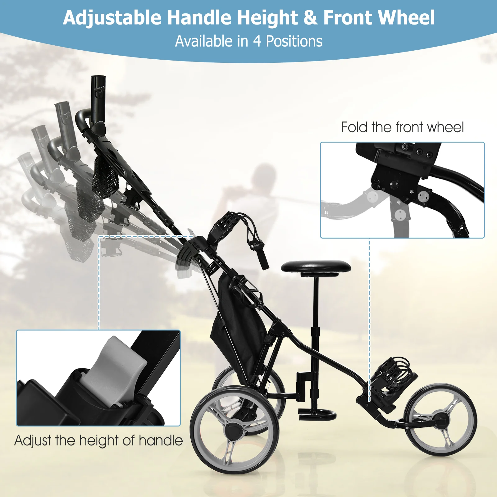 3 Wheel Folding Golf Push Cart, Adjustable Handle, Gray - Image 9