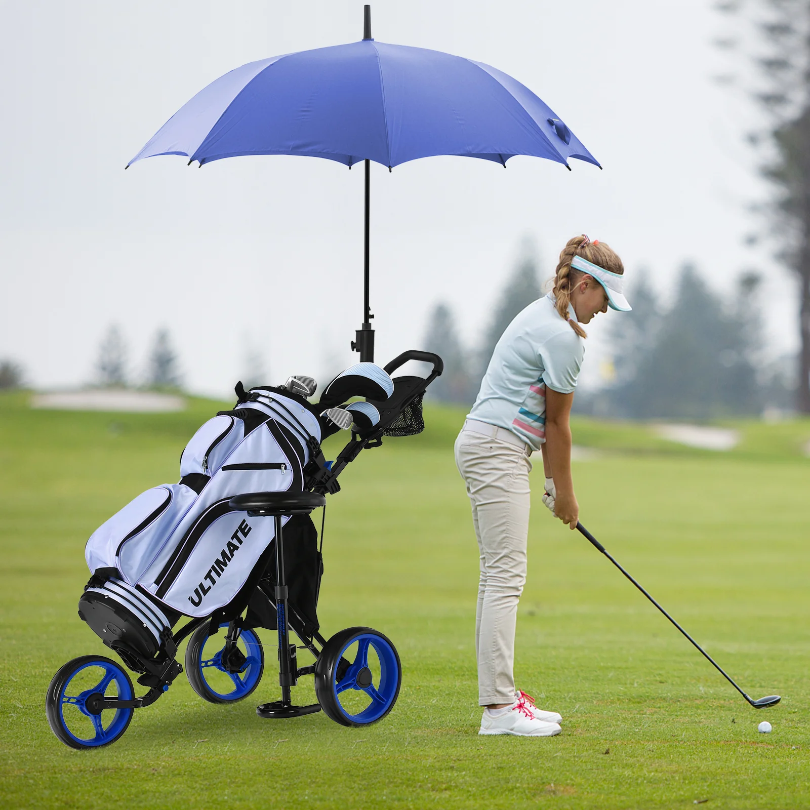 3 Wheel Folding Golf Push Cart With Seat, Scoreboard, Adjustable Handle, Blue - Image 2