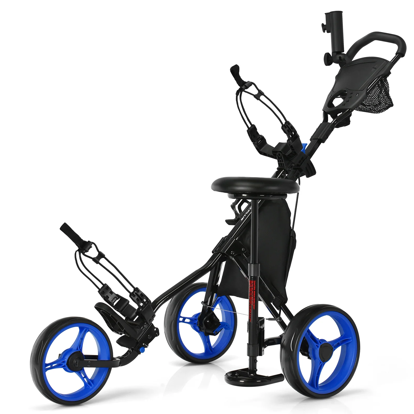 3 Wheel Folding Golf Push Cart With Seat, Scoreboard, Adjustable Handle, Blue - Image 4