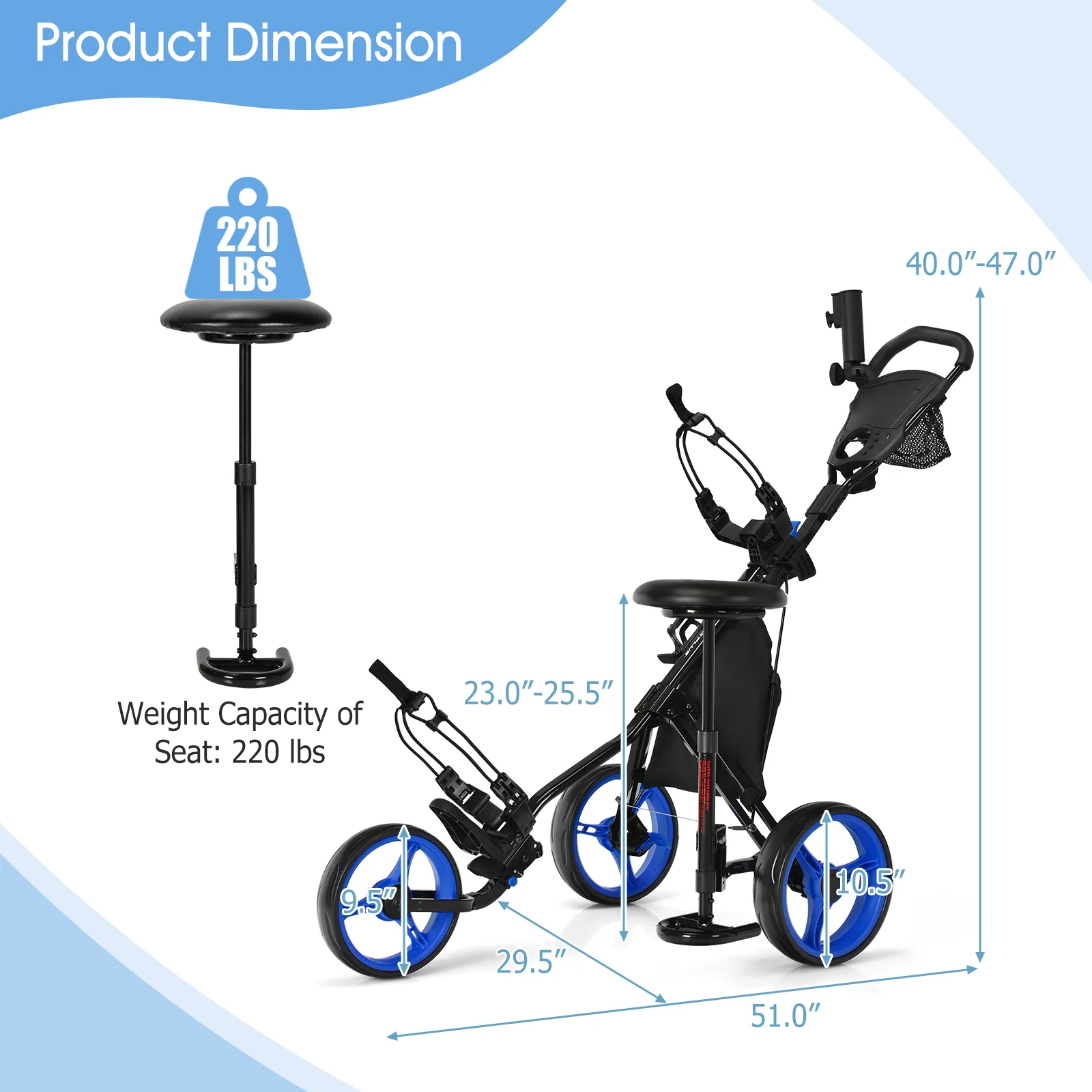 3 Wheel Folding Golf Push Cart With Seat, Scoreboard, Adjustable Handle, Blue - Image 5
