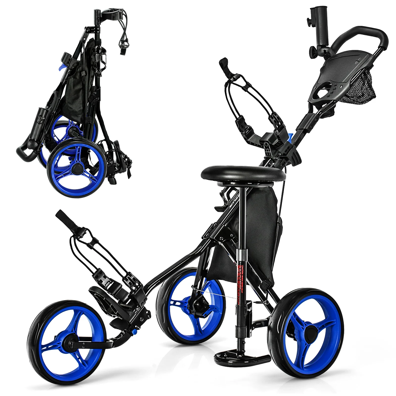 3 Wheel Folding Golf Push Cart With Seat, Scoreboard, Adjustable Handle, Blue - Image 6