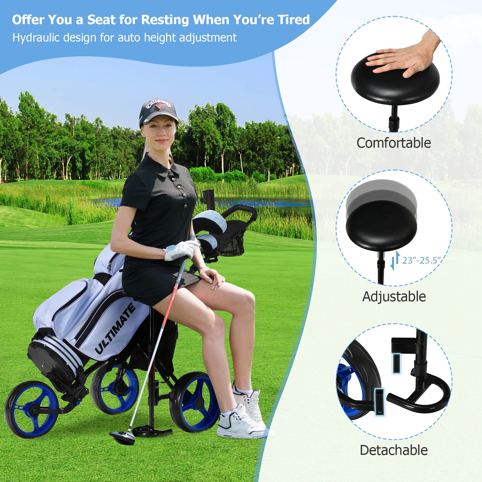 3 Wheel Folding Golf Push Cart With Seat, Scoreboard, Adjustable Handle, Blue - Image 7