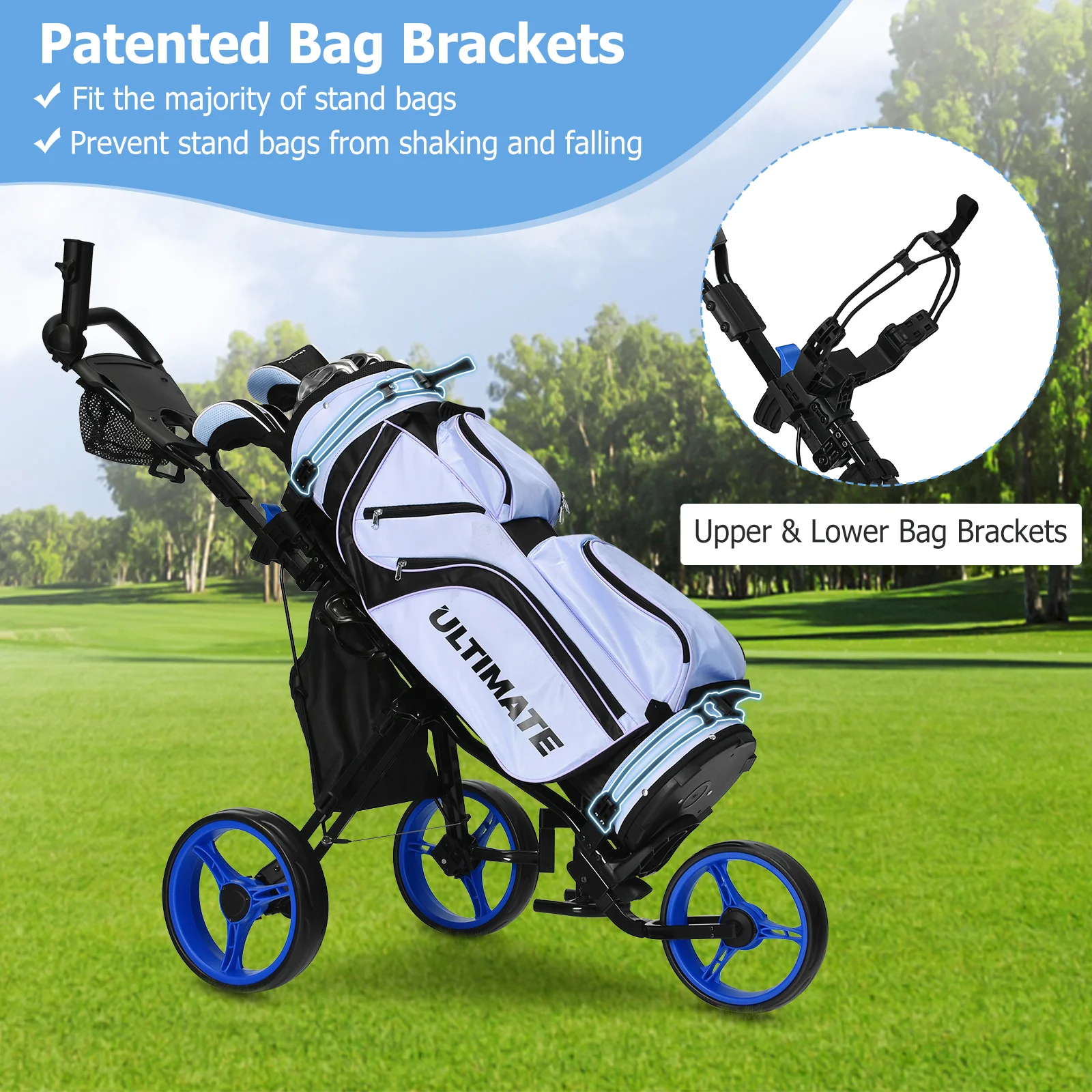 3 Wheel Folding Golf Push Cart With Seat, Scoreboard, Adjustable Handle, Blue - Image 8
