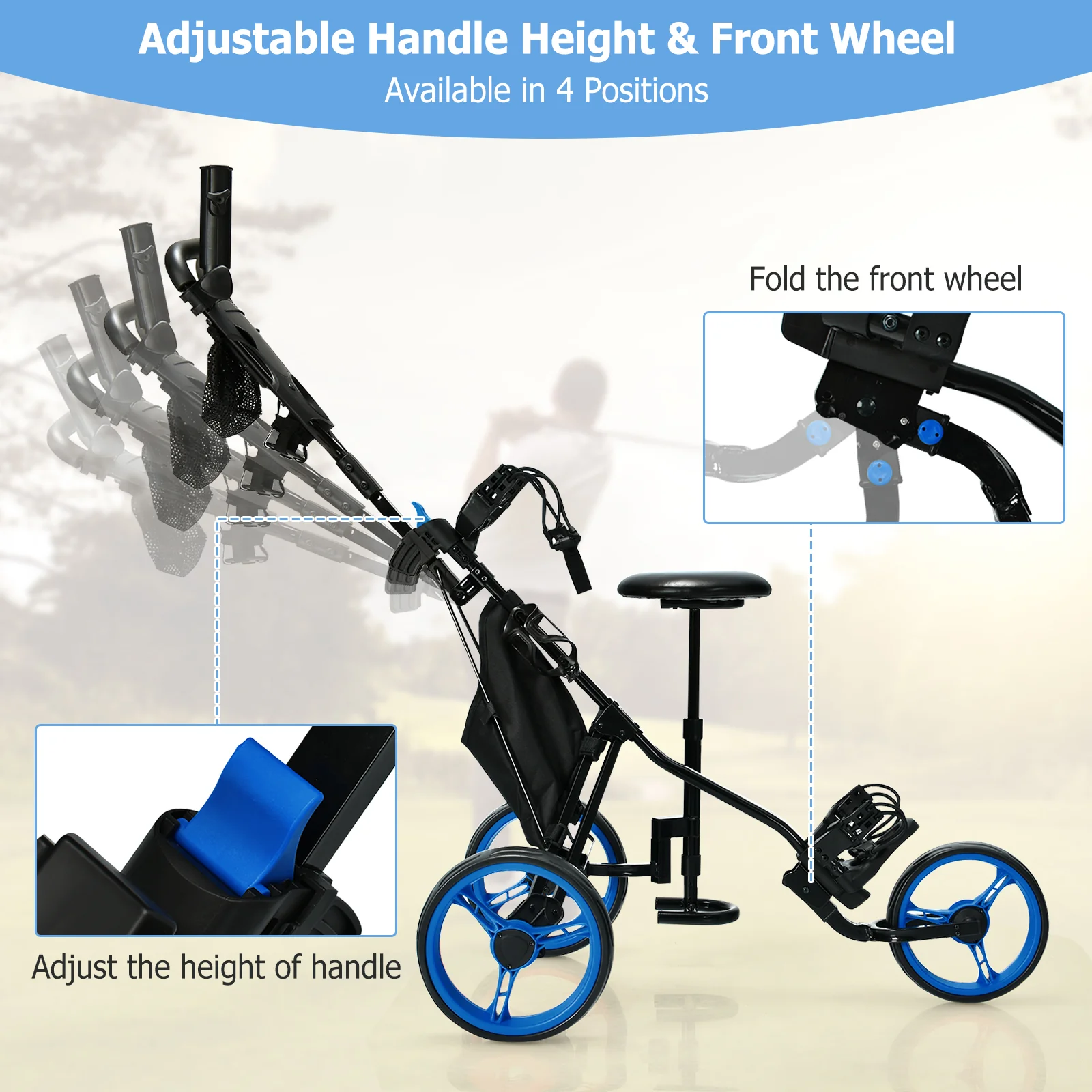 3 Wheel Folding Golf Push Cart With Seat, Scoreboard, Adjustable Handle, Blue - Image 9