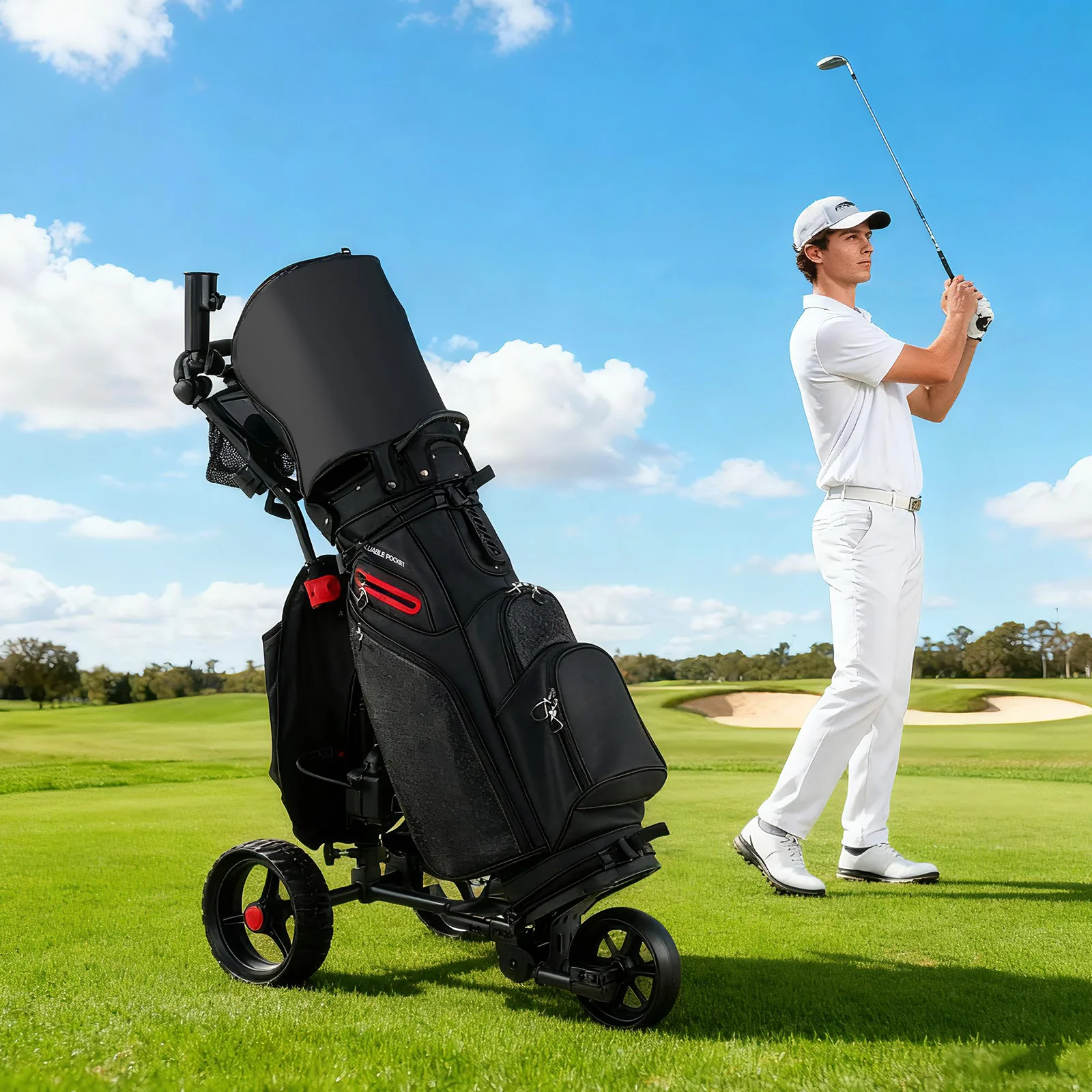 3 Wheel Golf Bag Cart with Adjustable Handle and 9 Speed Settings - Image 2