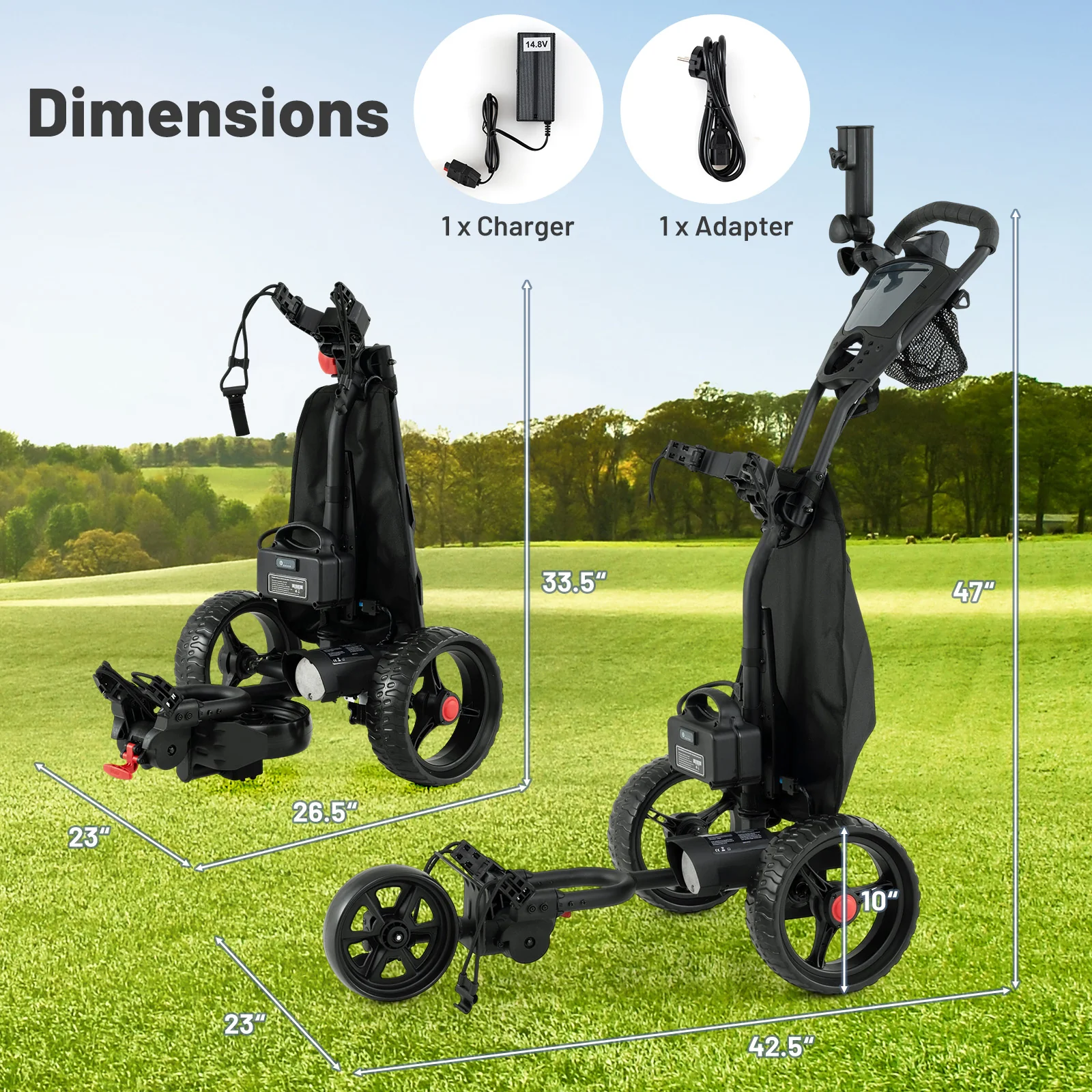 3 Wheel Golf Bag Cart with Adjustable Handle and 9 Speed Settings - Image 6