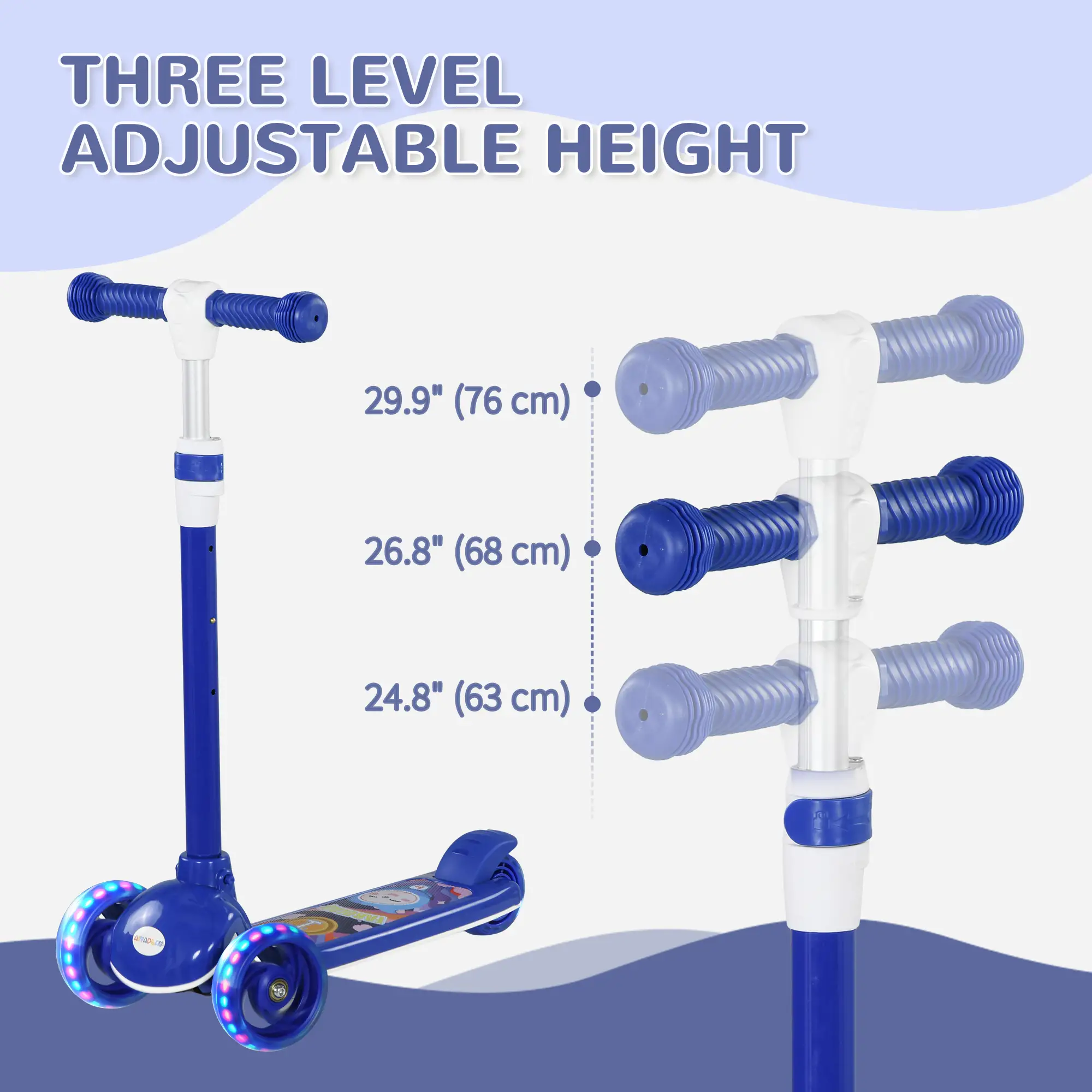 3 Wheel Kids Scooter, Adjustable Height, Rear-Fender Brake, LED Light, TPE Handlebar, Blue - Image 4