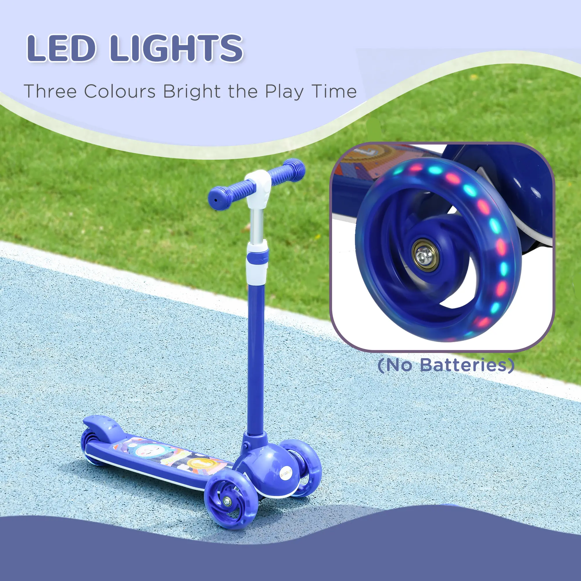 3 Wheel Kids Scooter, Adjustable Height, Rear-Fender Brake, LED Light, TPE Handlebar, Blue - Image 6