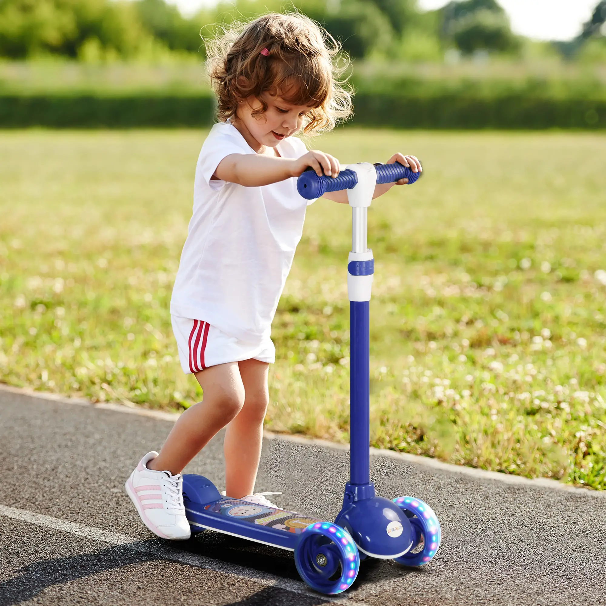 3 Wheel Kids Scooter, Adjustable Height, Rear-Fender Brake, LED Light, TPE Handlebar, Blue - Image 9