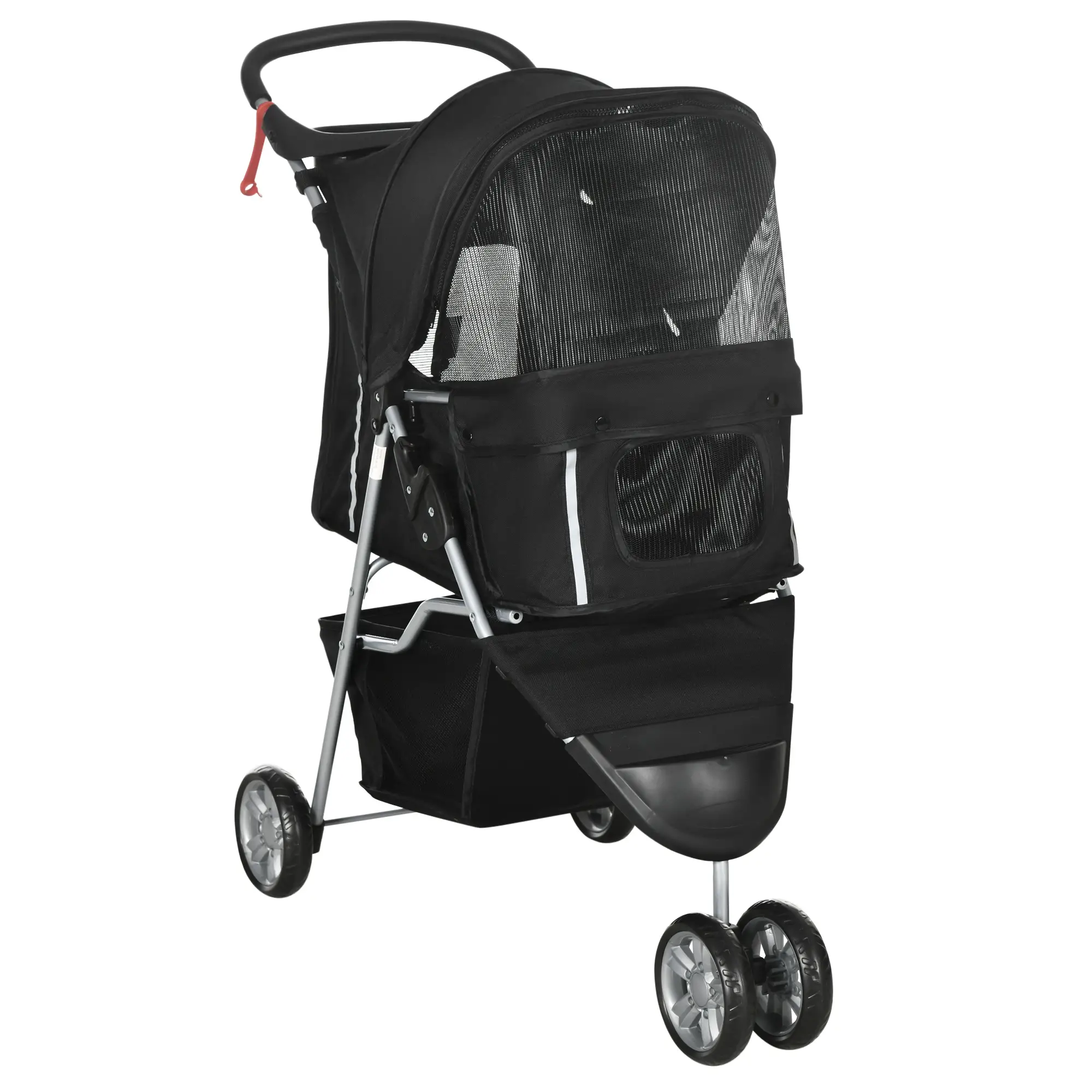 3 Wheels Foldable Dog Stroller, Storage Basket, Adjustable Canopy, Black