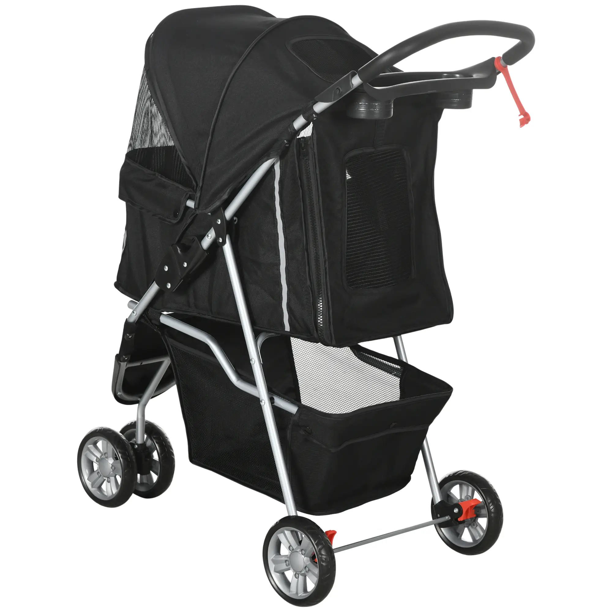 3 Wheels Foldable Dog Stroller, Storage Basket, Adjustable Canopy, Black - Image 10