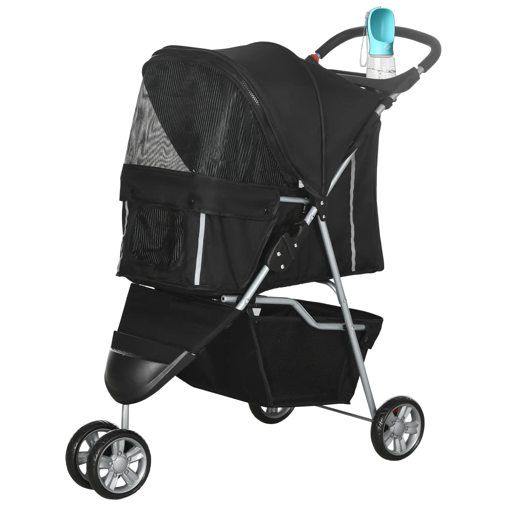 3 Wheels Foldable Dog Stroller, Storage Basket, Adjustable Canopy, Black - Image 11