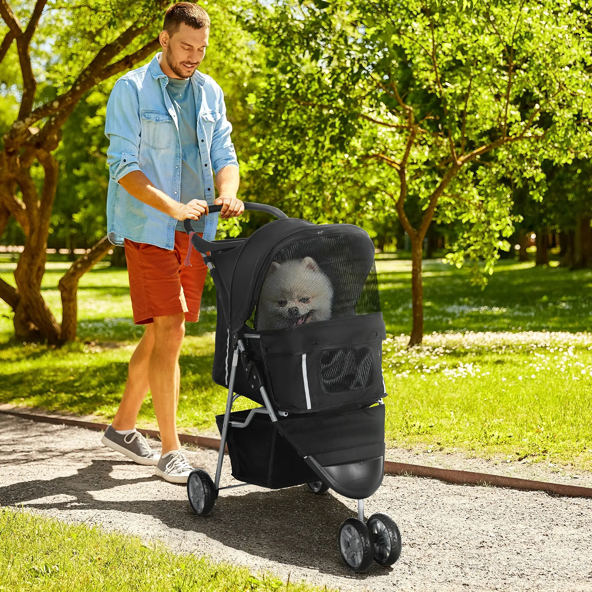 3 Wheels Foldable Dog Stroller, Storage Basket, Adjustable Canopy, Black - Image 2