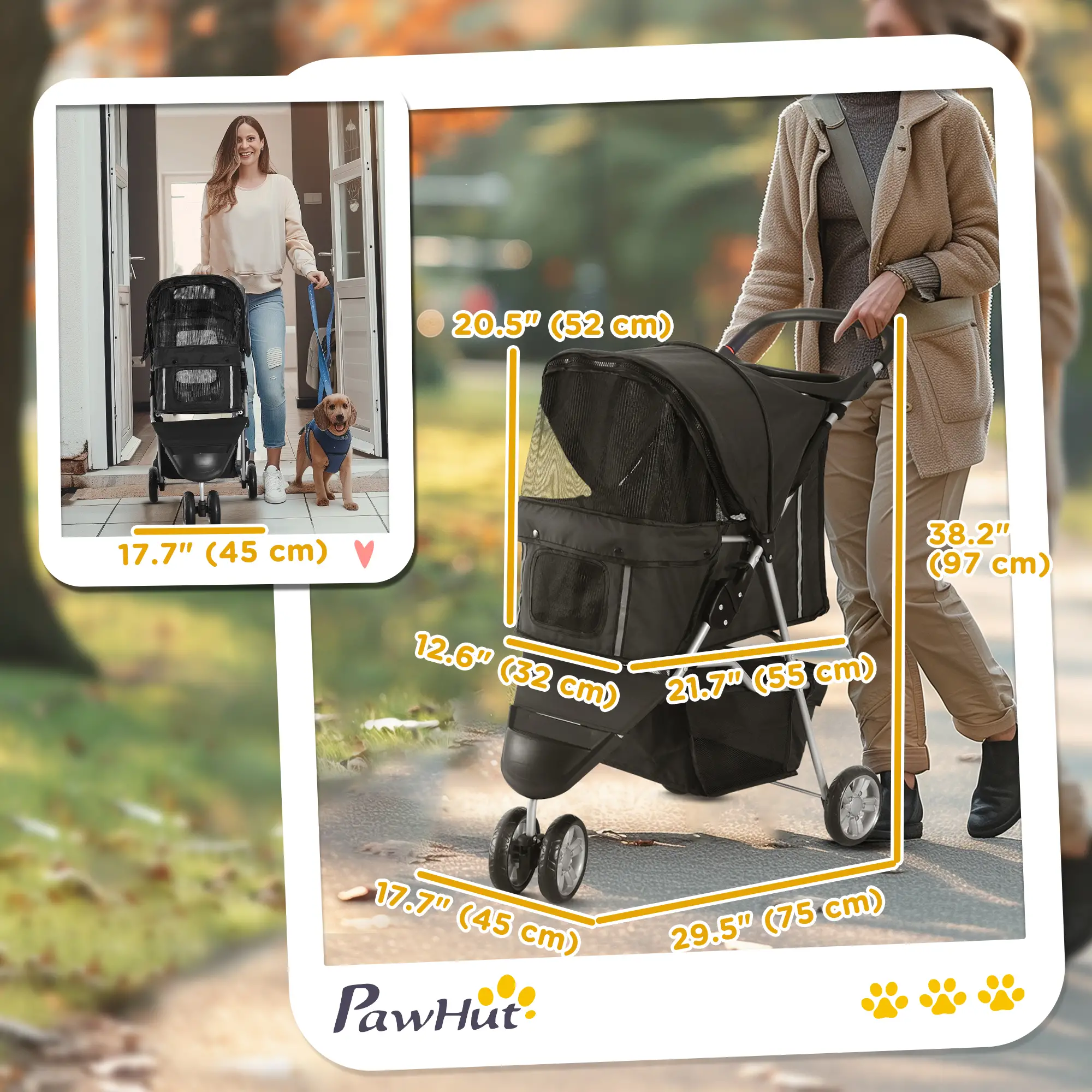 3 Wheels Foldable Dog Stroller, Storage Basket, Adjustable Canopy, Black - Image 3