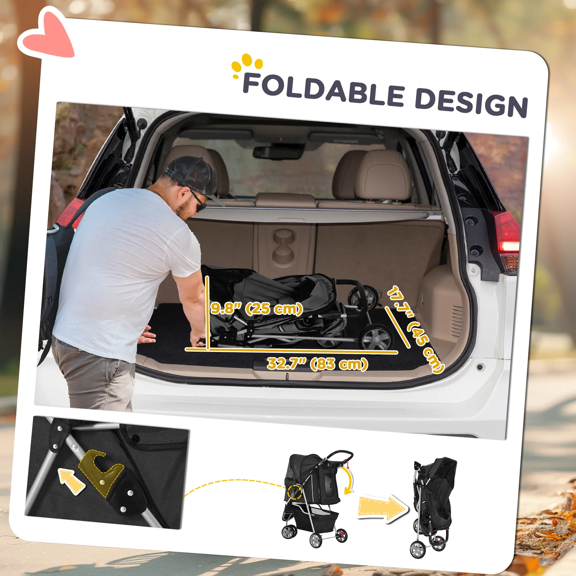 3 Wheels Foldable Dog Stroller, Storage Basket, Adjustable Canopy, Black - Image 5