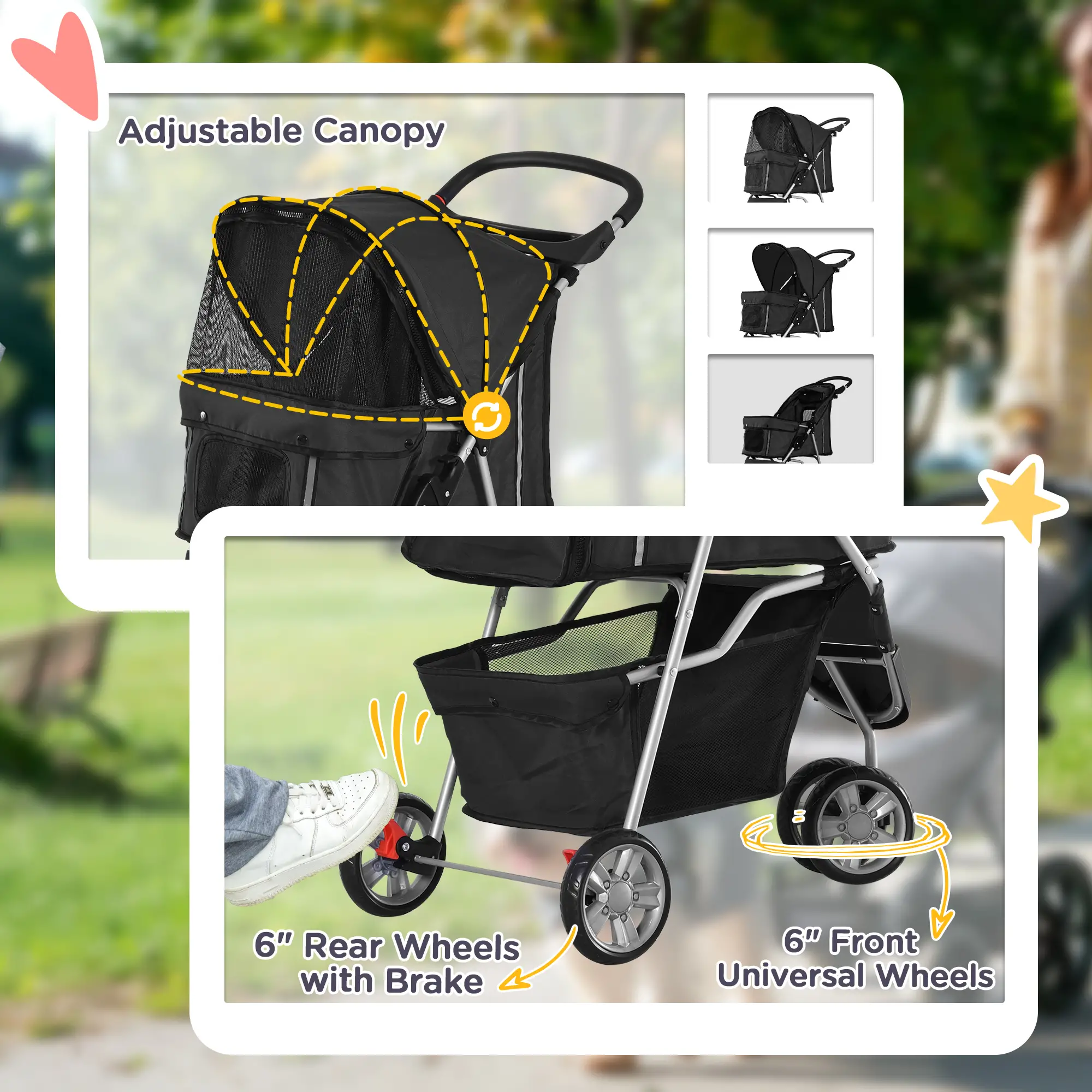 3 Wheels Foldable Dog Stroller, Storage Basket, Adjustable Canopy, Black - Image 6