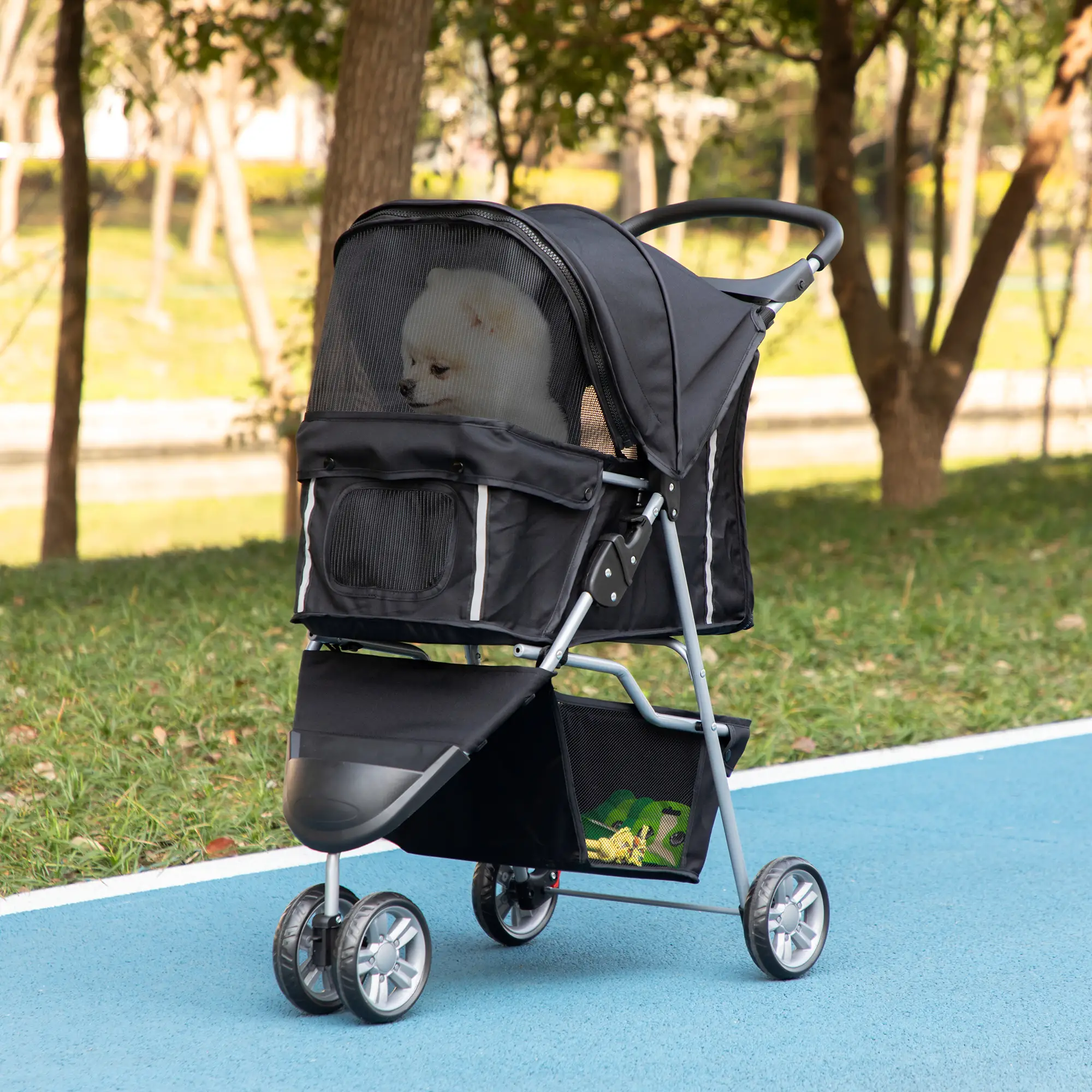 3 Wheels Foldable Dog Stroller, Storage Basket, Adjustable Canopy, Black - Image 8